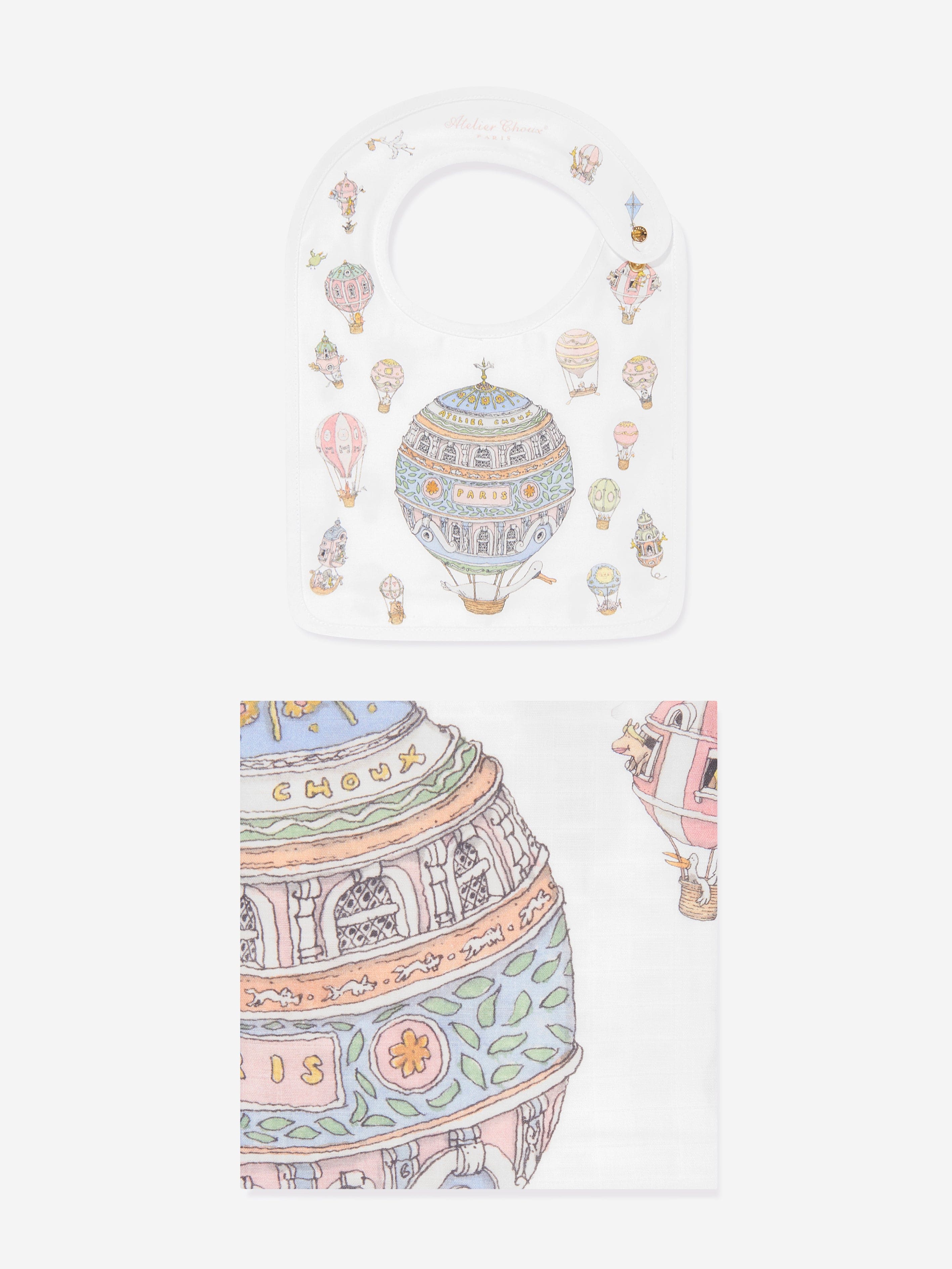 Atelier Choux Baby Hot Air Balloons Swaddle And Satin Bib Set in
