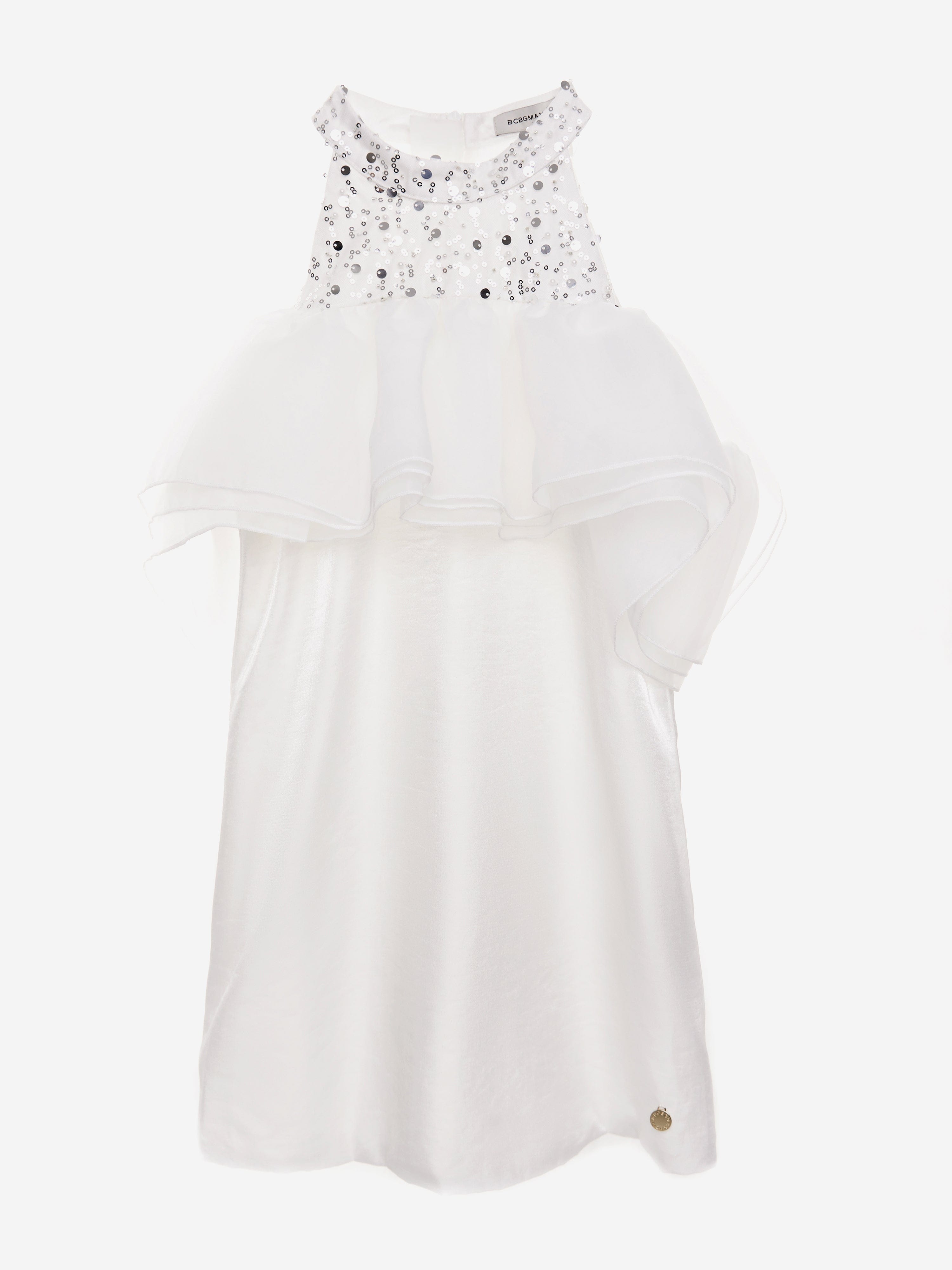 BCBG Girls Beaded Neck Satin Dress With Ruffles in White BCBG Girls Beaded Neck Satin Dress With Ruffles in White
