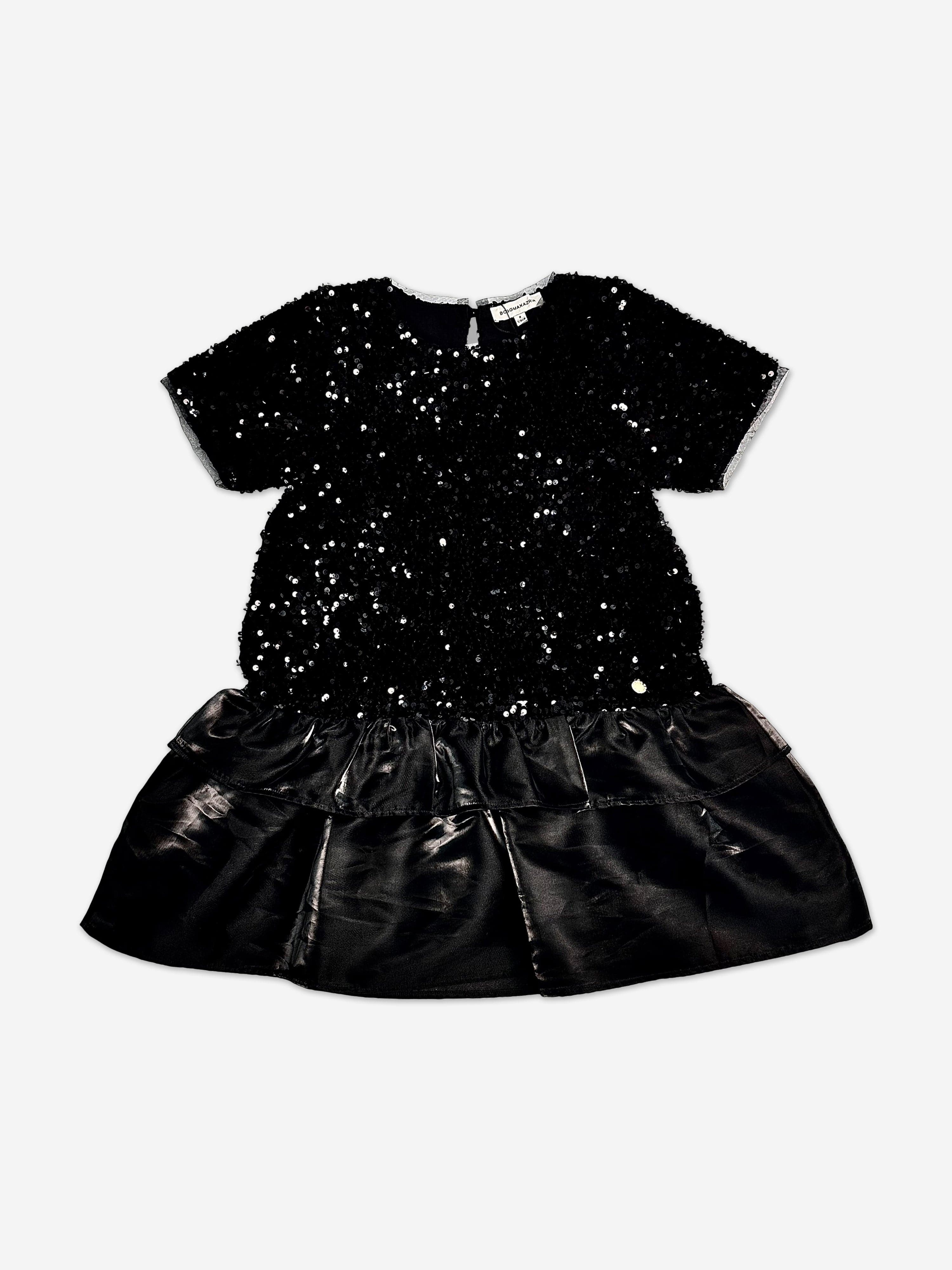 BCBGMAXAZRIA Girls Velvet Sequin Dress with Satin Hem in Black | Childsplay Clothing BCBGMAXAZRIA Girls Velvet Sequin Dress with Satin Hem in Black | Childsplay Clothing