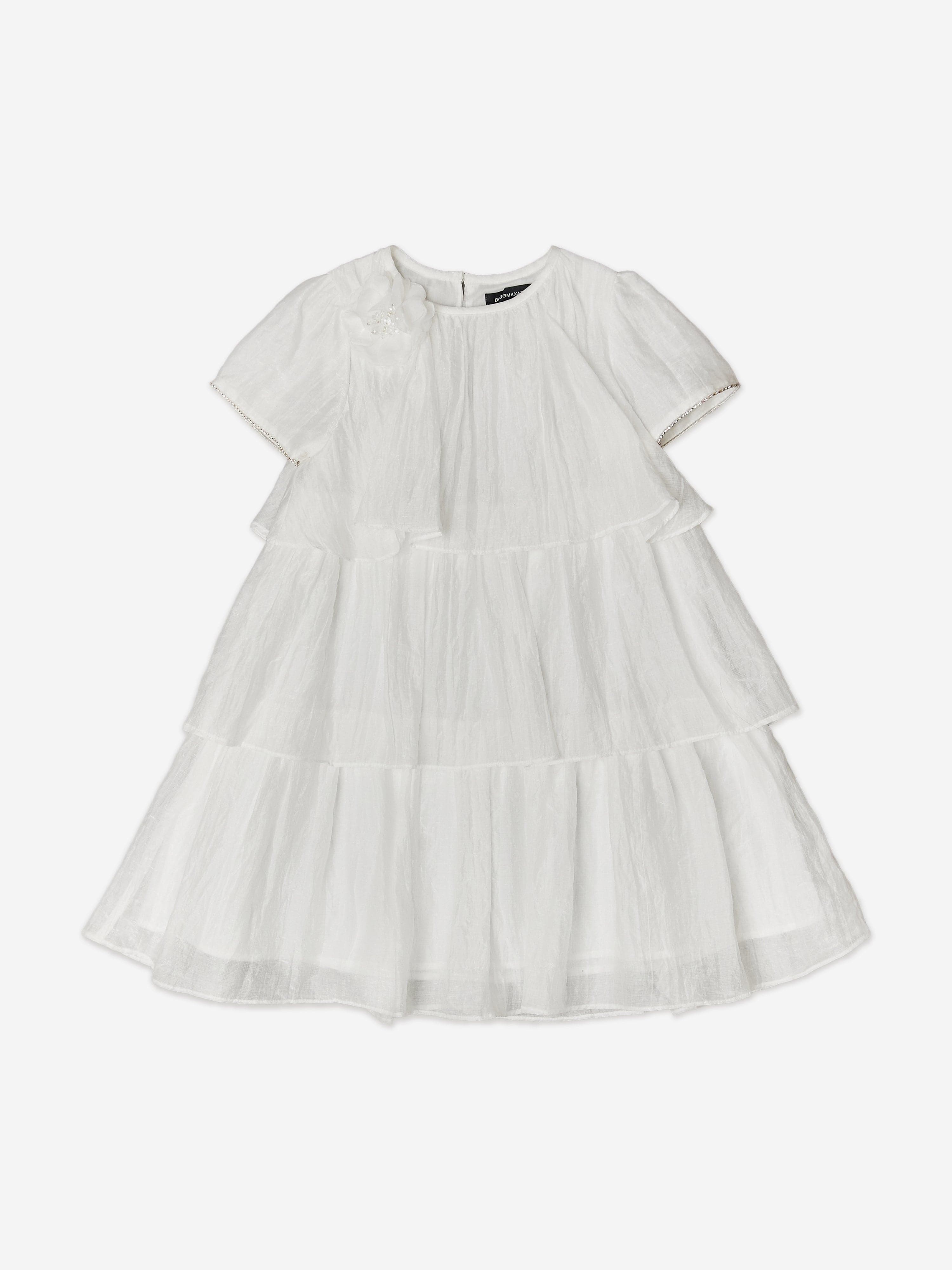 bcbgmaxazria dresses BCBGMAXAZRIA Girls Shimmer Ruffle Dress with 3D Flower in White