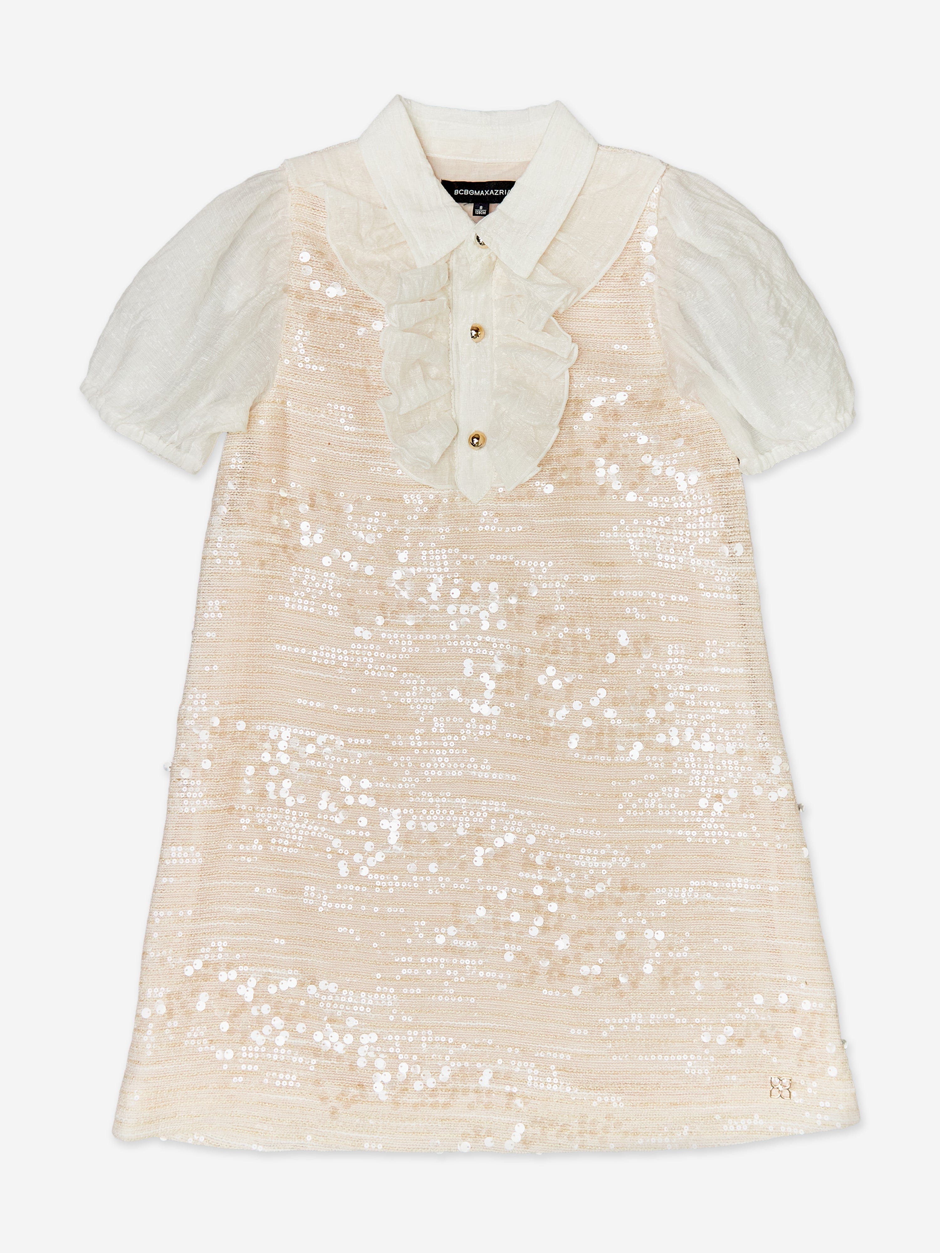 BCBGMAXAZRIA Girls Sequin Tweed Ruffle Dress in Pink