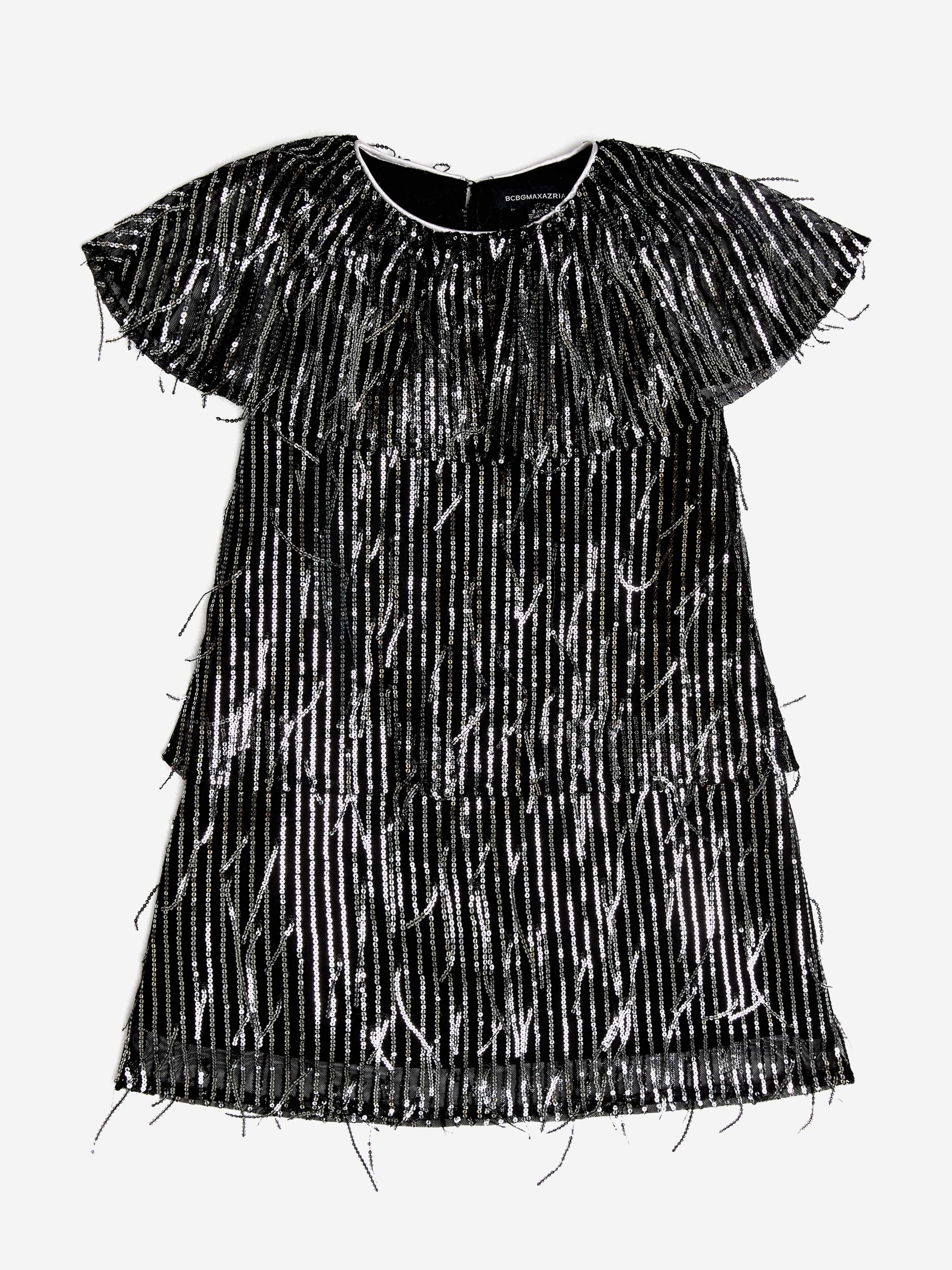 BCBGMAXAZRIA Girls Sequin Fringe Dress in Black 14 Yrs