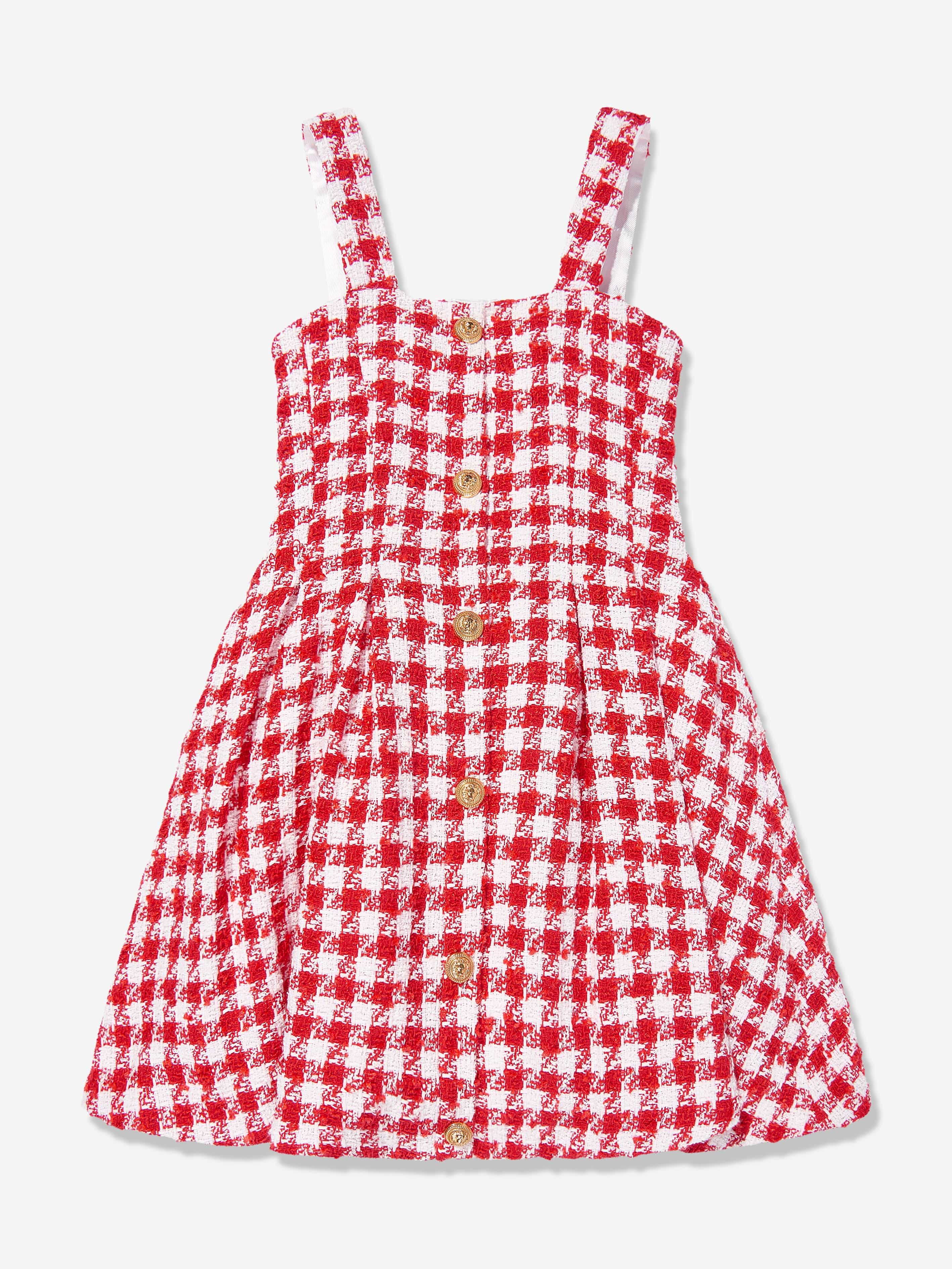 Balmain Girls Checked Tweed Dress in Red | Childsplay Clothing Balmain Girls Checked Tweed Dress in Red | Childsplay Clothing