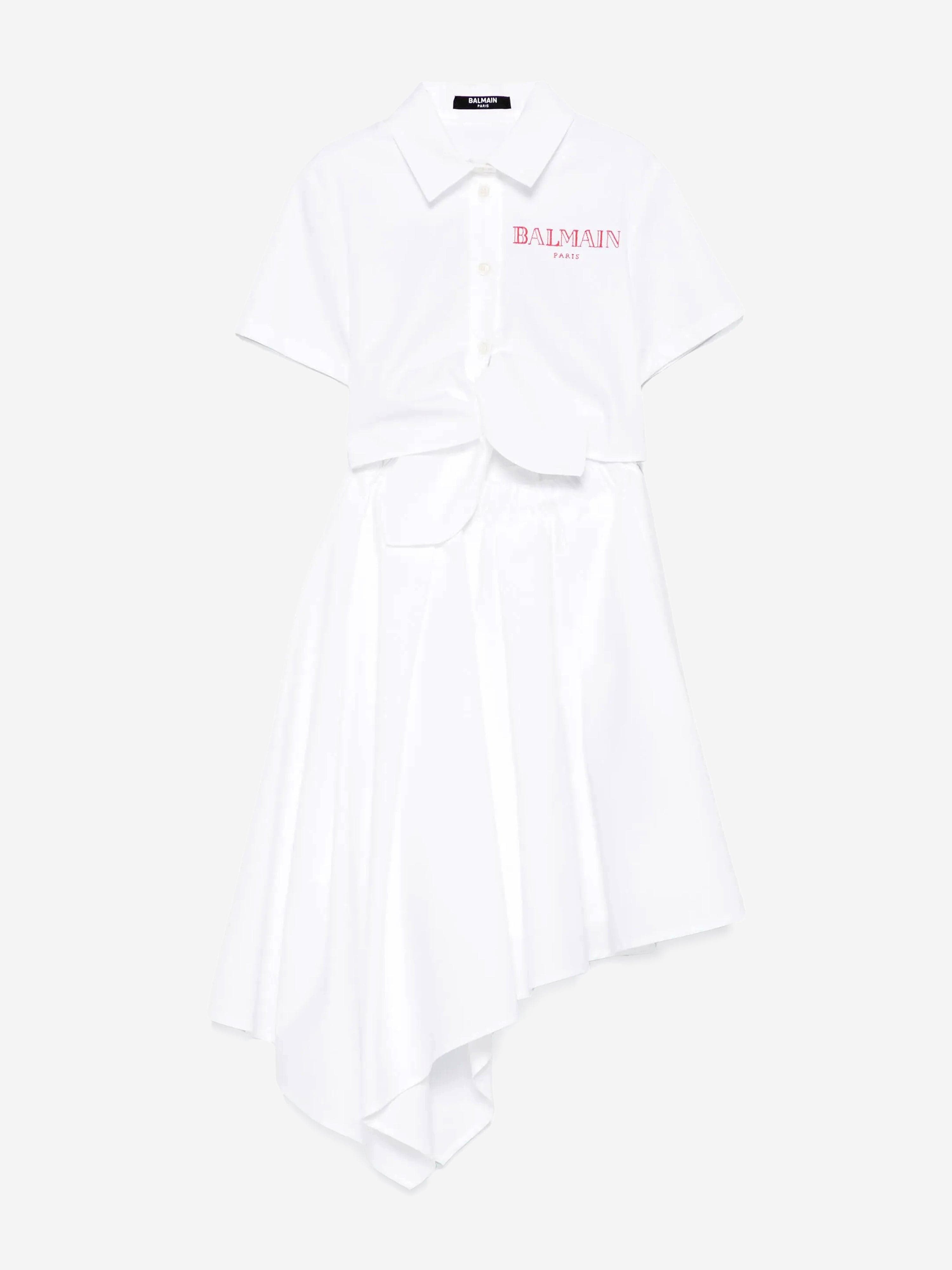 Balmain Girls Asymmetrical Shirt Dress in White Balmain Girls Asymmetrical Shirt Dress in White