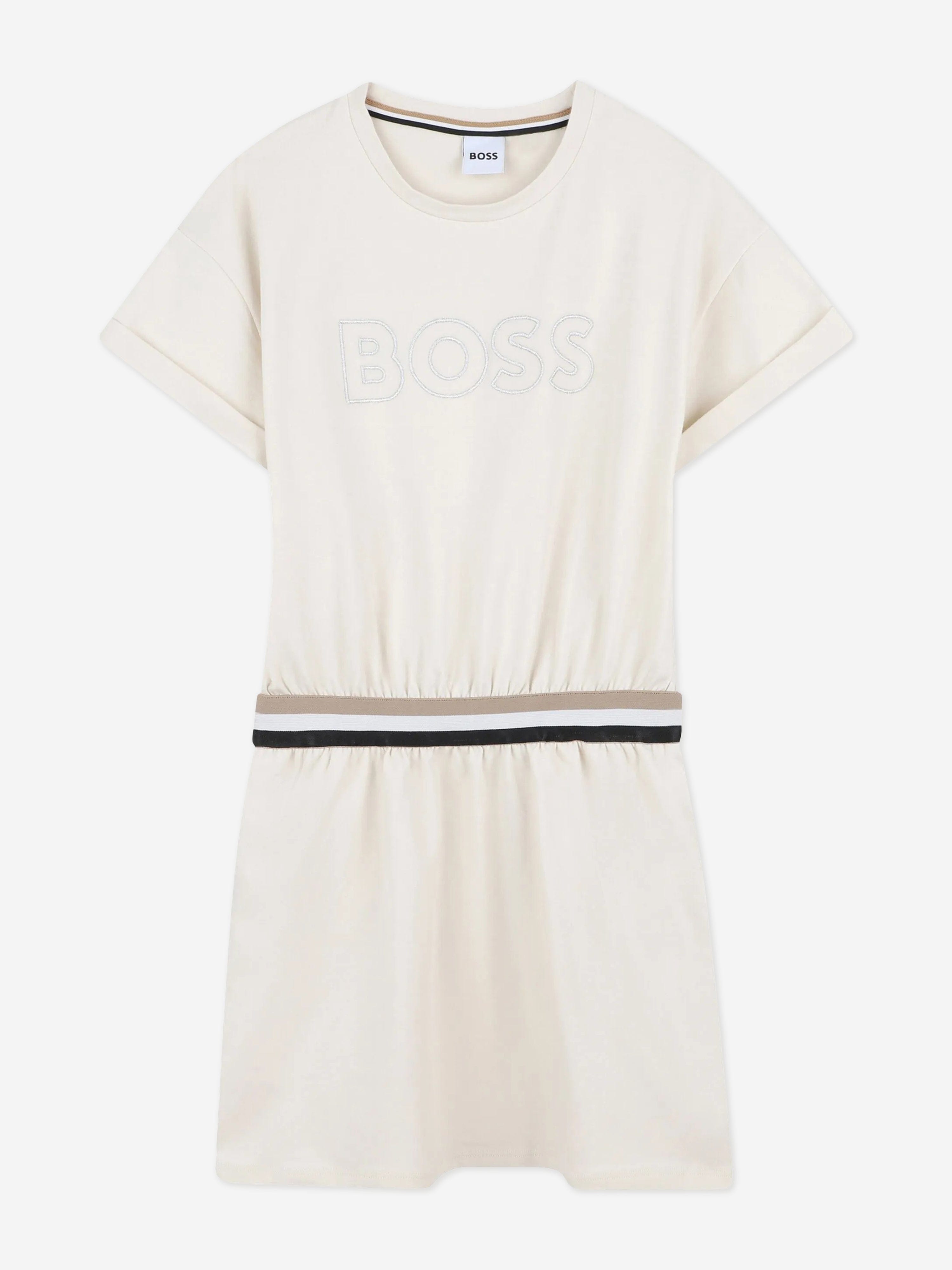 BOSS Girls Embroidered Logo Jersey Dress in Beige