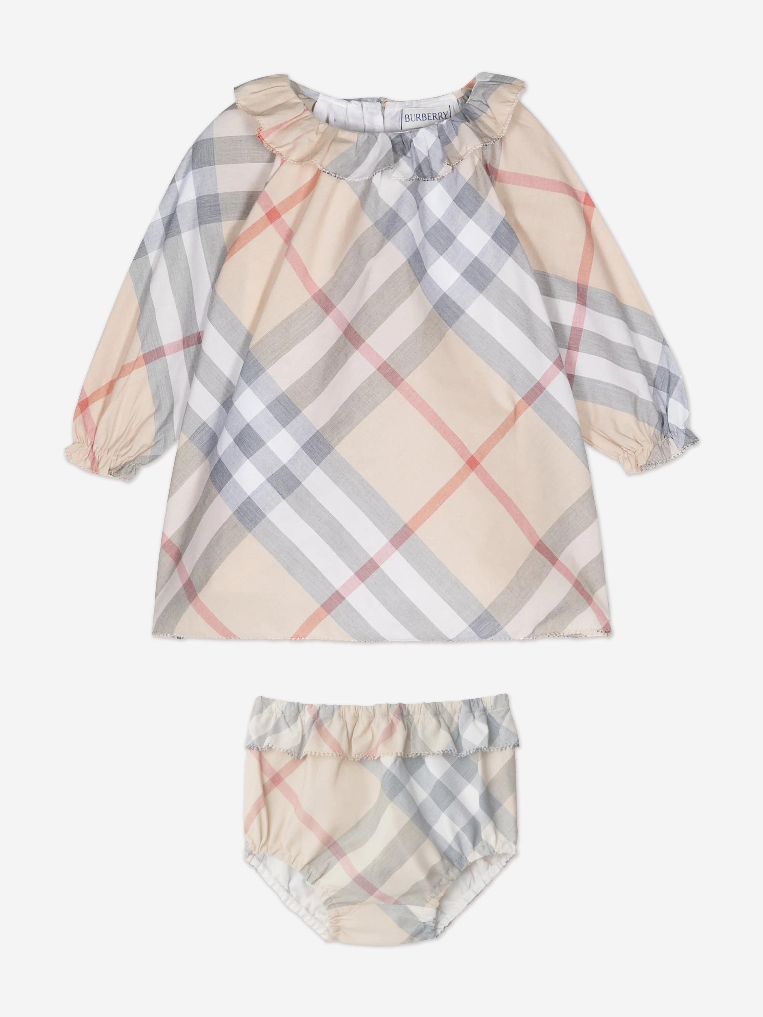 Burberry-Baby Girls Beige Check Dress Set Burberry-Baby Girls Beige Check Dress Set