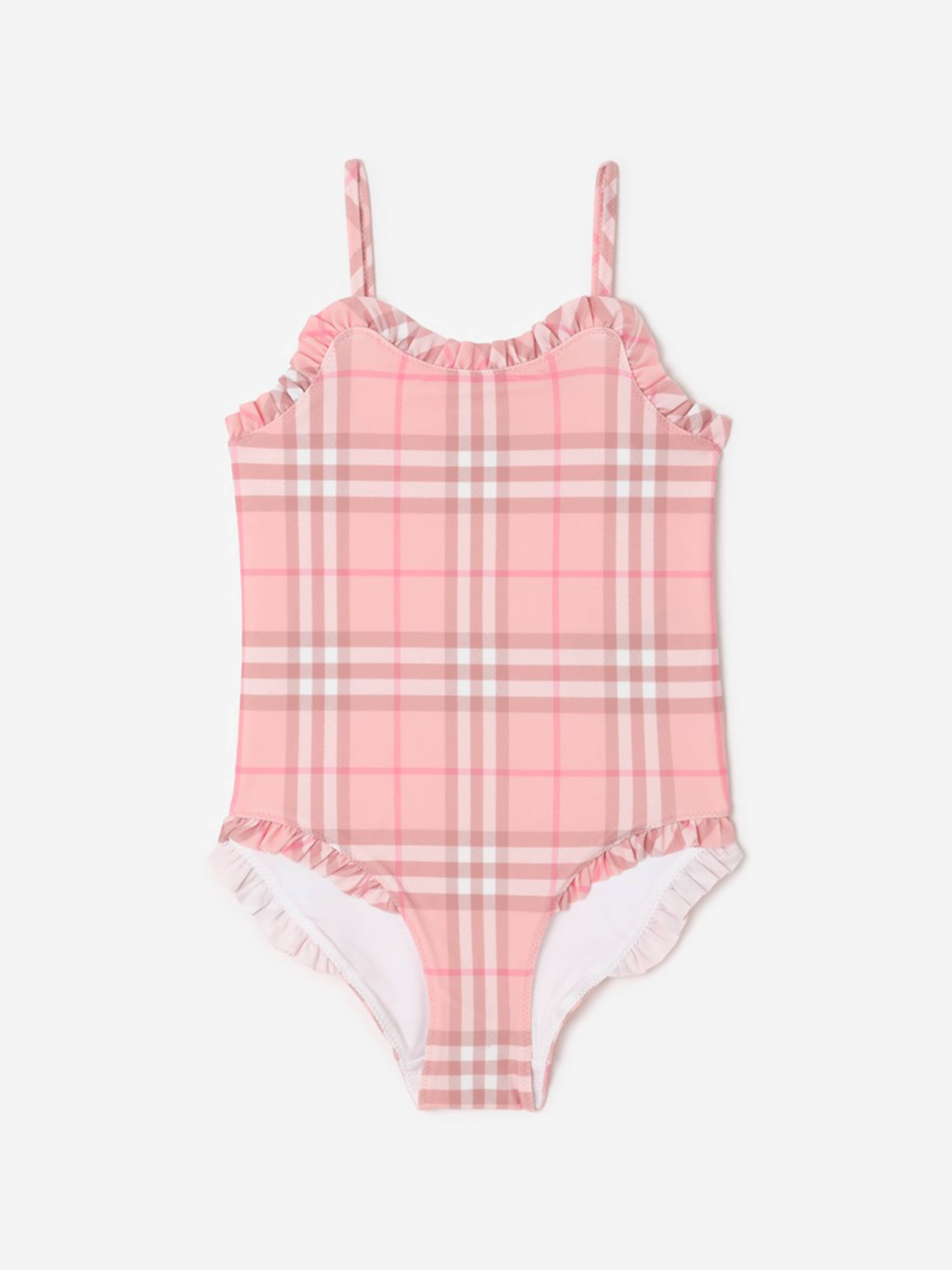 BURBERRY キッズ コントラスト チェック ストレッチナイロン ビキニ Burberry Girls Immy Check Swimsuit in Pink | Childsplay Clothing