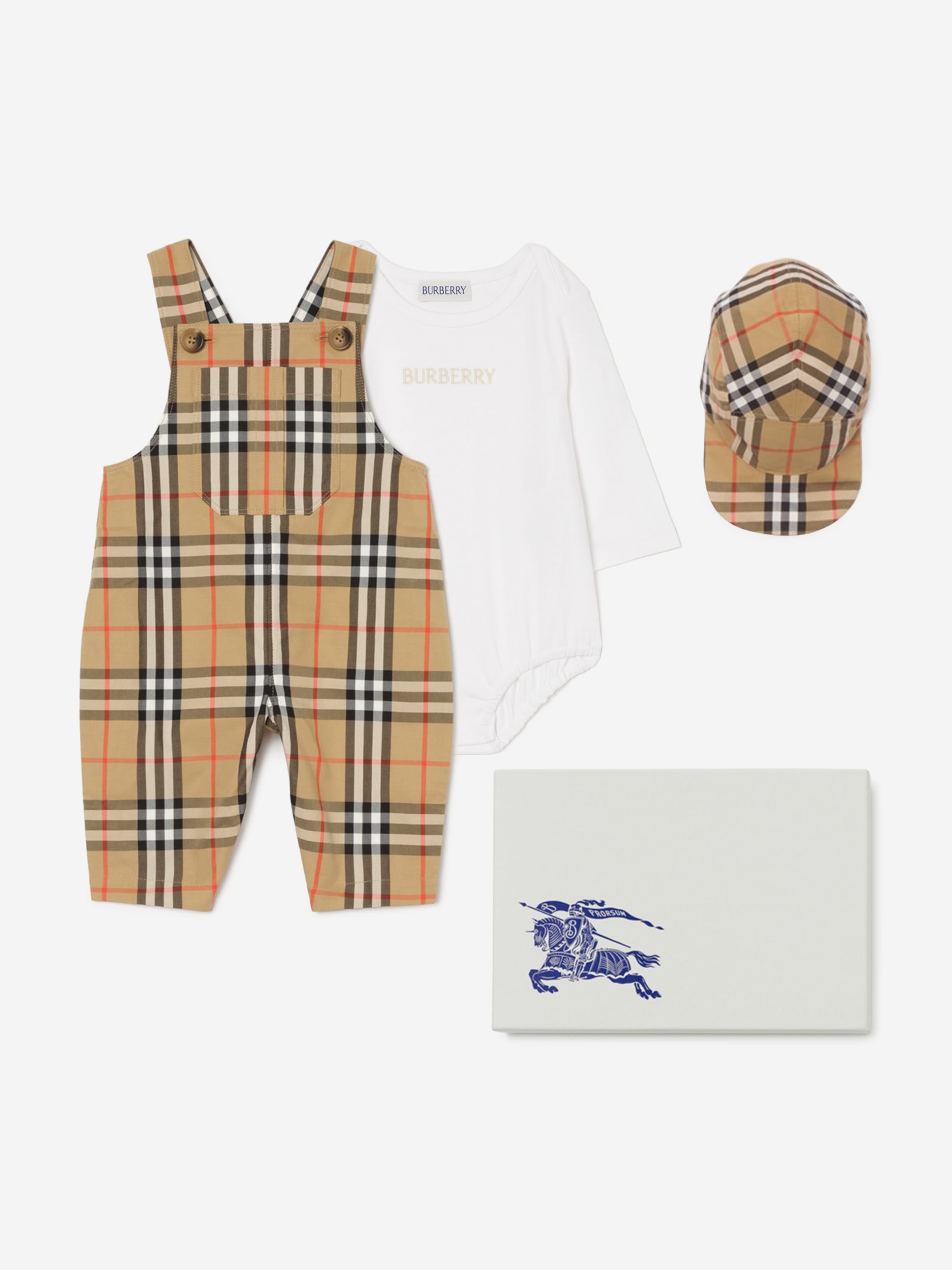 Burberry Baby Boys Darwin Check Dungaree Set in Beige | Childsplay