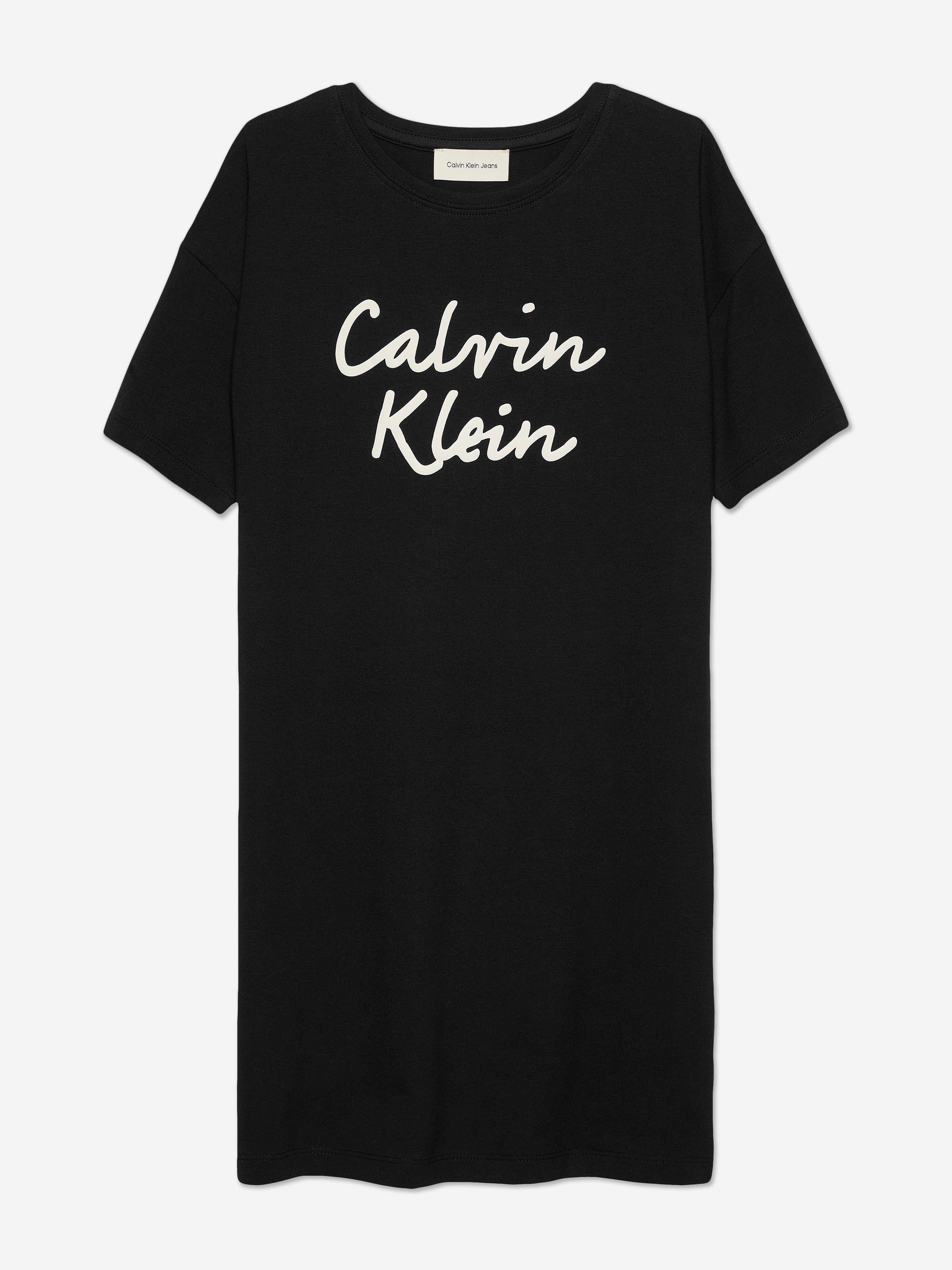 Calvin Klein Girls Script Logo T-Shirt Dress in Black Calvin Klein Girls Script Logo T-Shirt Dress in Black