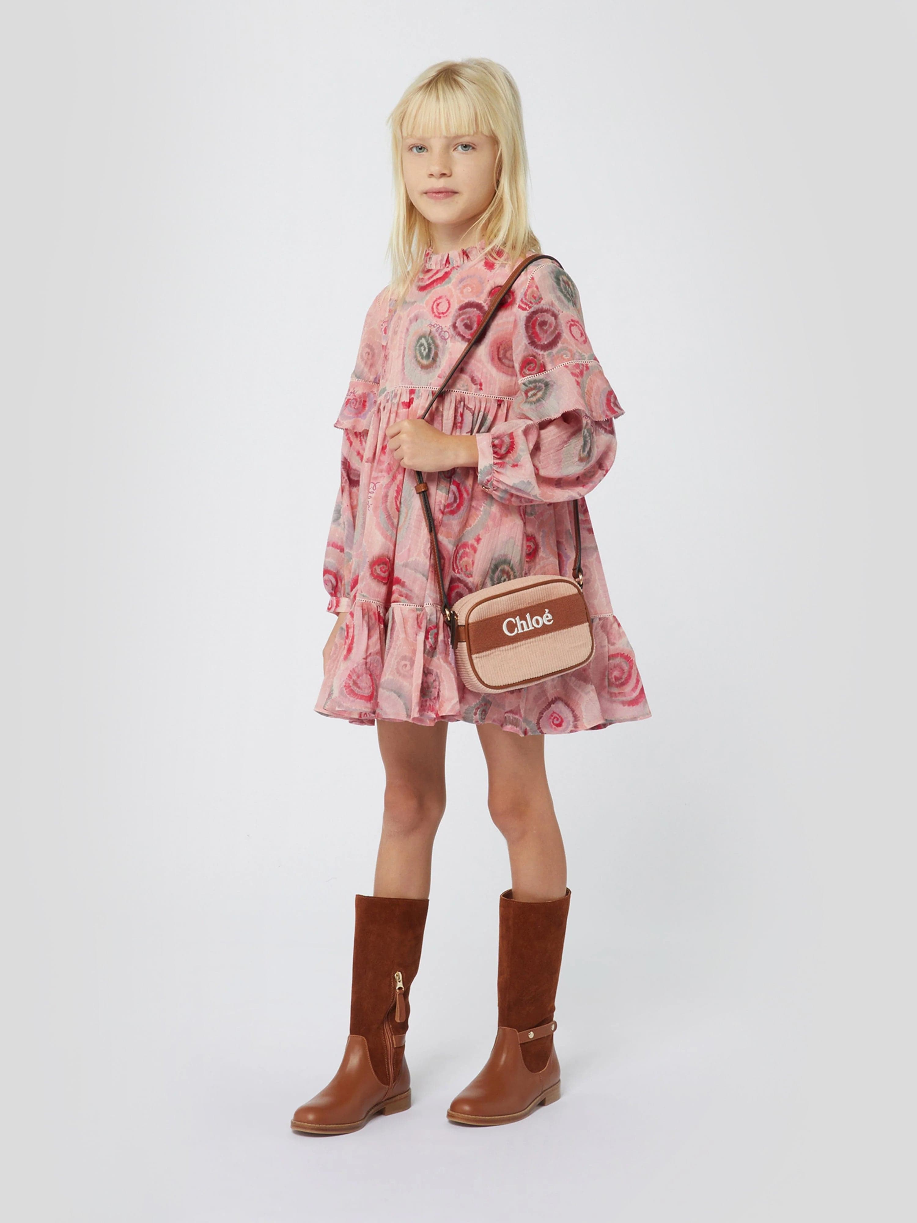 pink chloe dress Chlo - Oversized long ruffled dress in Silk mousseline & lace - Powdery Pink - 38