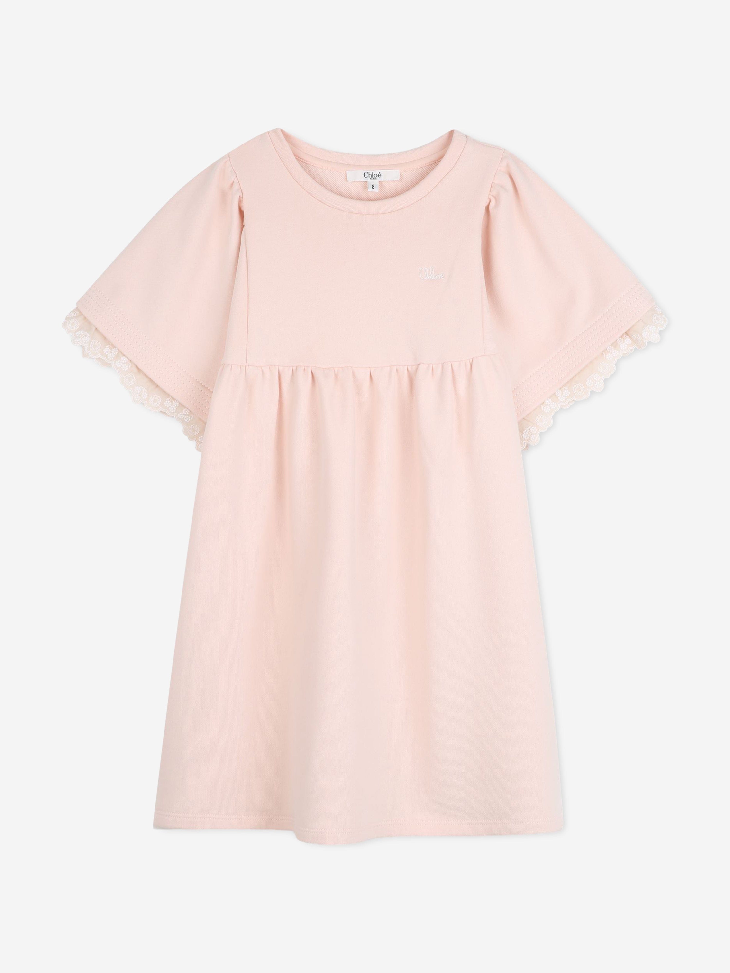 Chlo Girls Embroidered Flutter Sleeve Dress in Pink Chlo Girls Embroidered Flutter Sleeve Dress in Pink