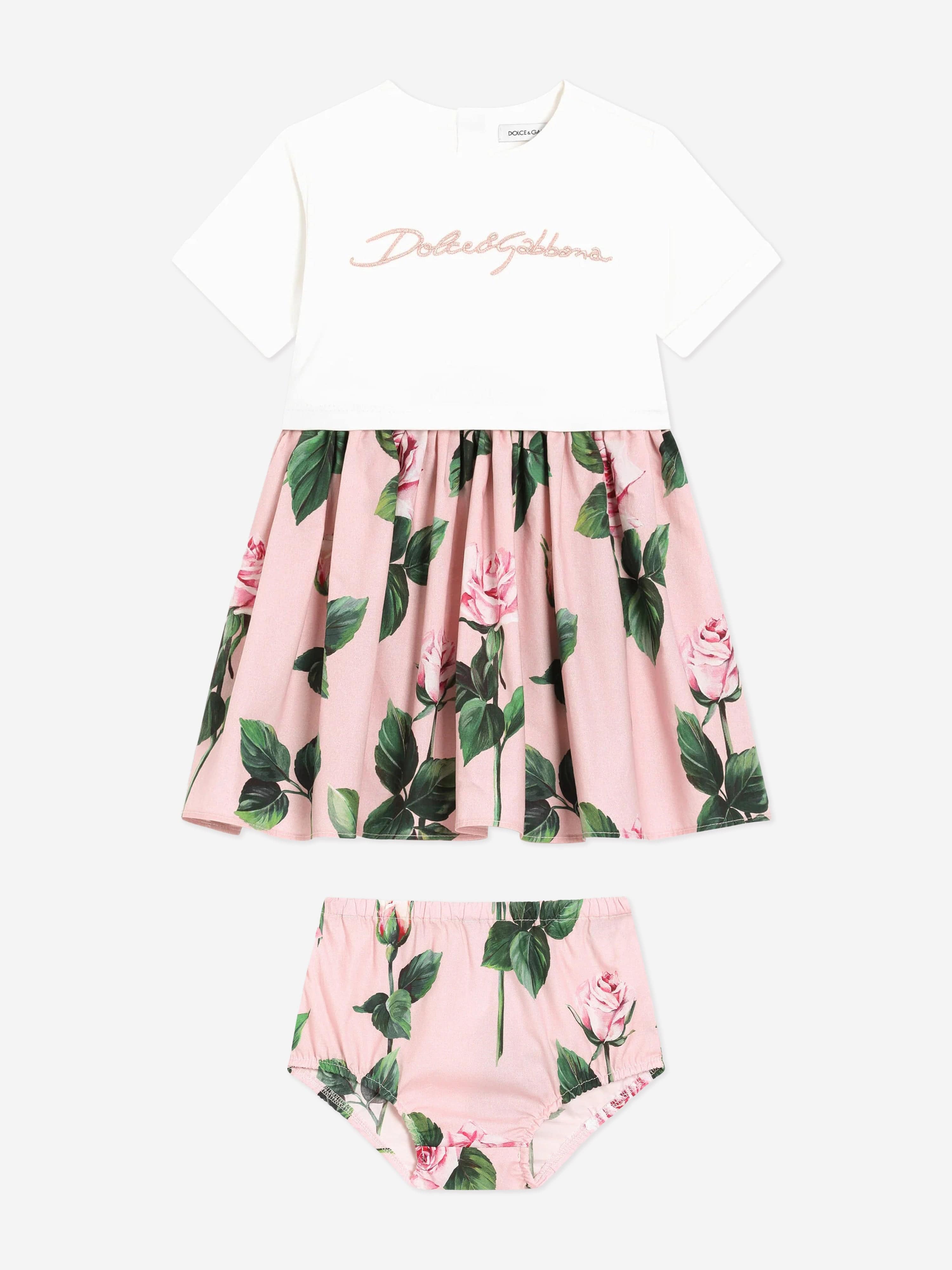 Dolce & Gabbana Baby Girls Rose Print Dress Set in Pink