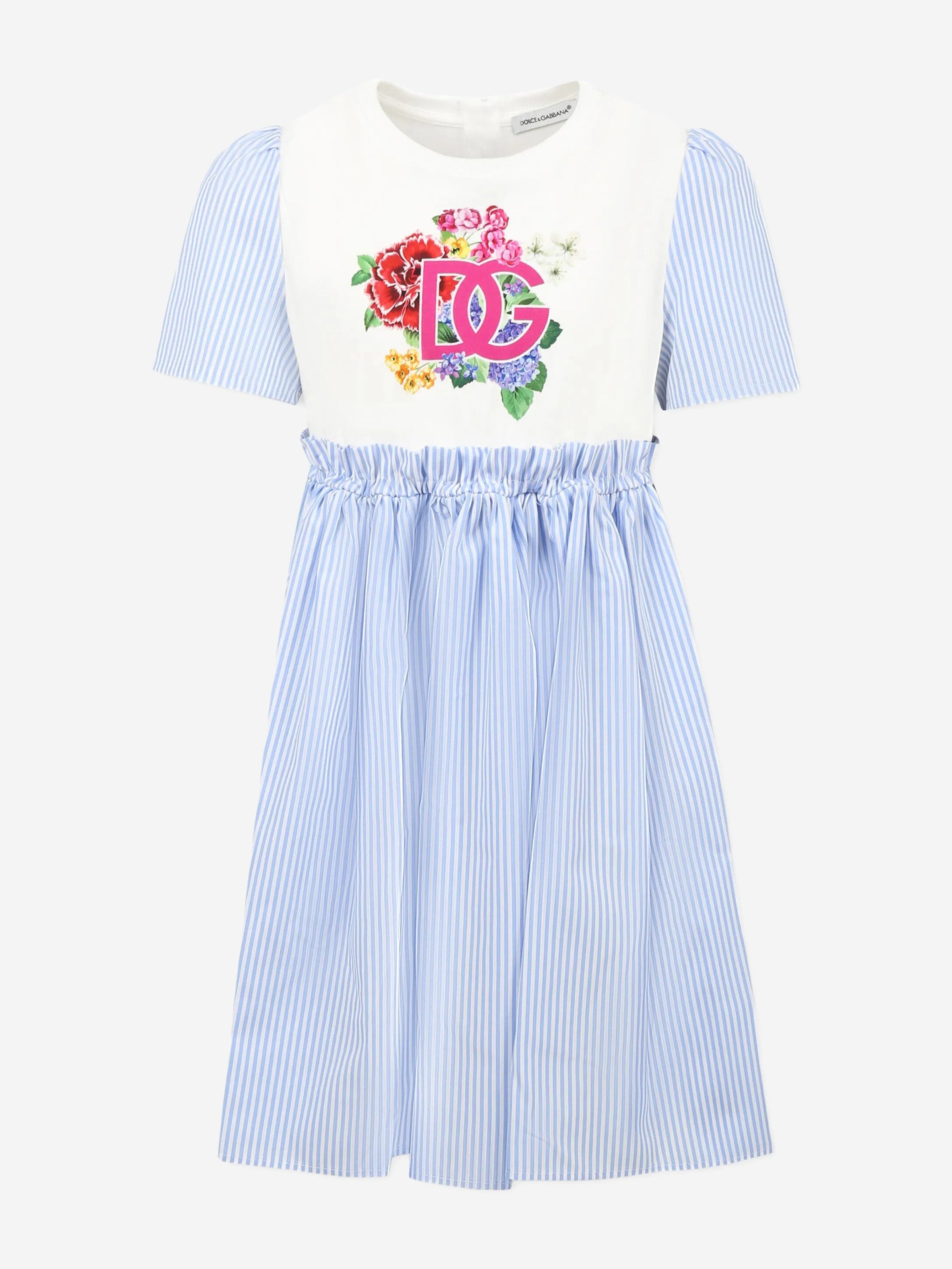 Dolce & Gabbana Girls Striped Floral Logo Dress in Blue Dolce & Gabbana Girls Striped Floral Logo Dress in Blue