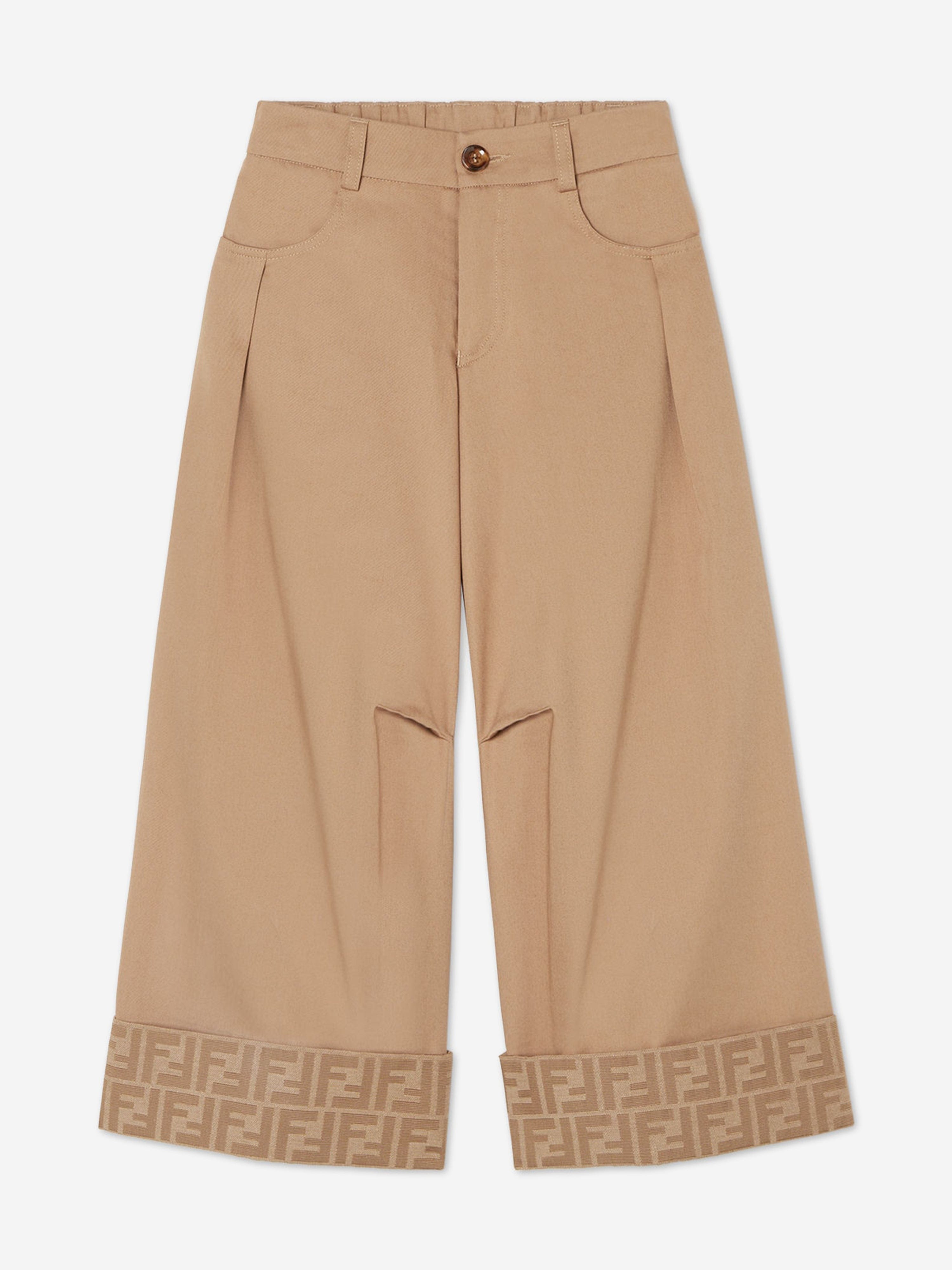 Fendi Girls Gabardine Wide Leg Trousers in Beige | Childsplay Clothing