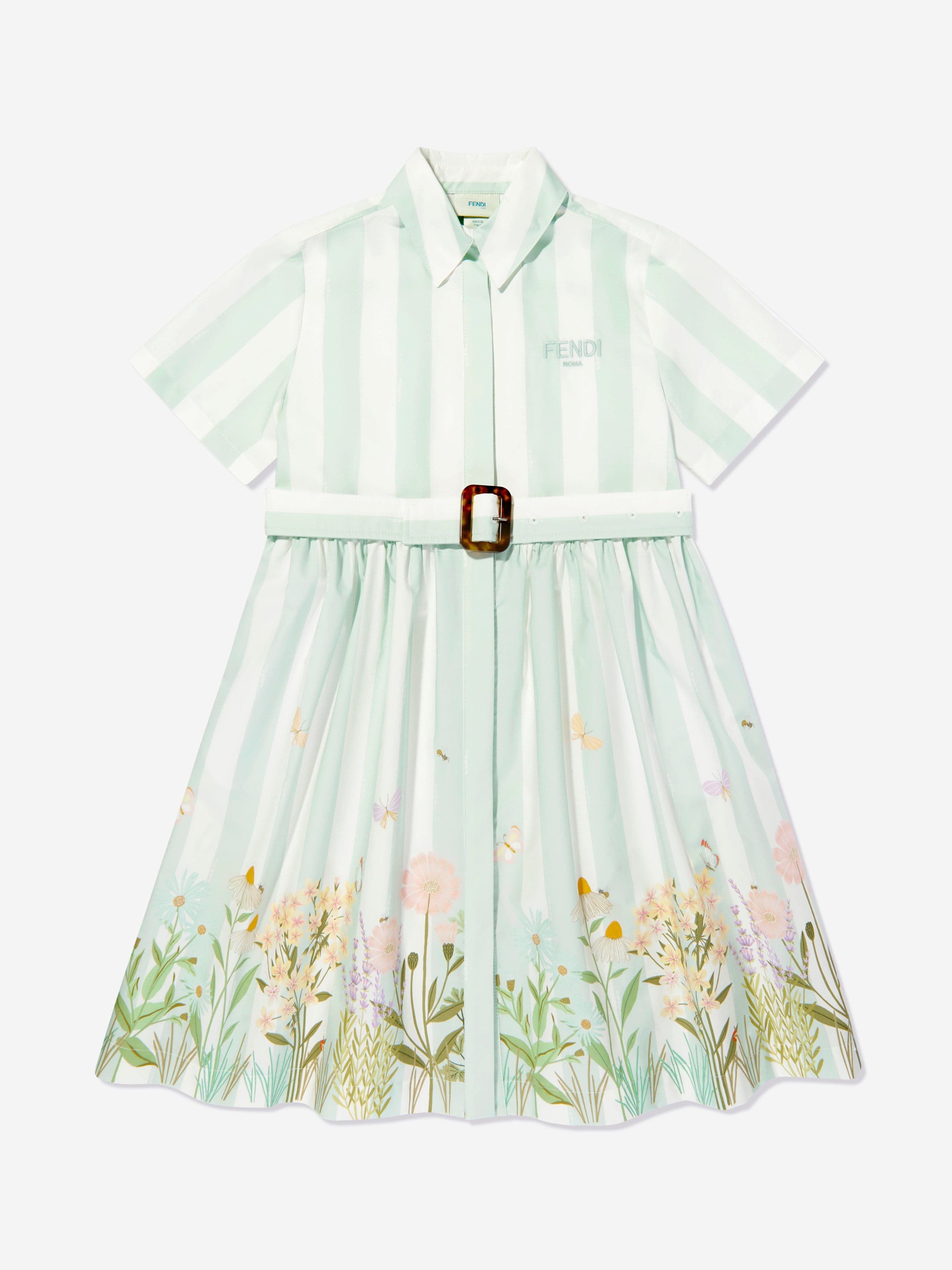 Fendi Girls Striped Floral Shirt Dress in Green Fendi Girls Striped Floral Shirt Dress in Green