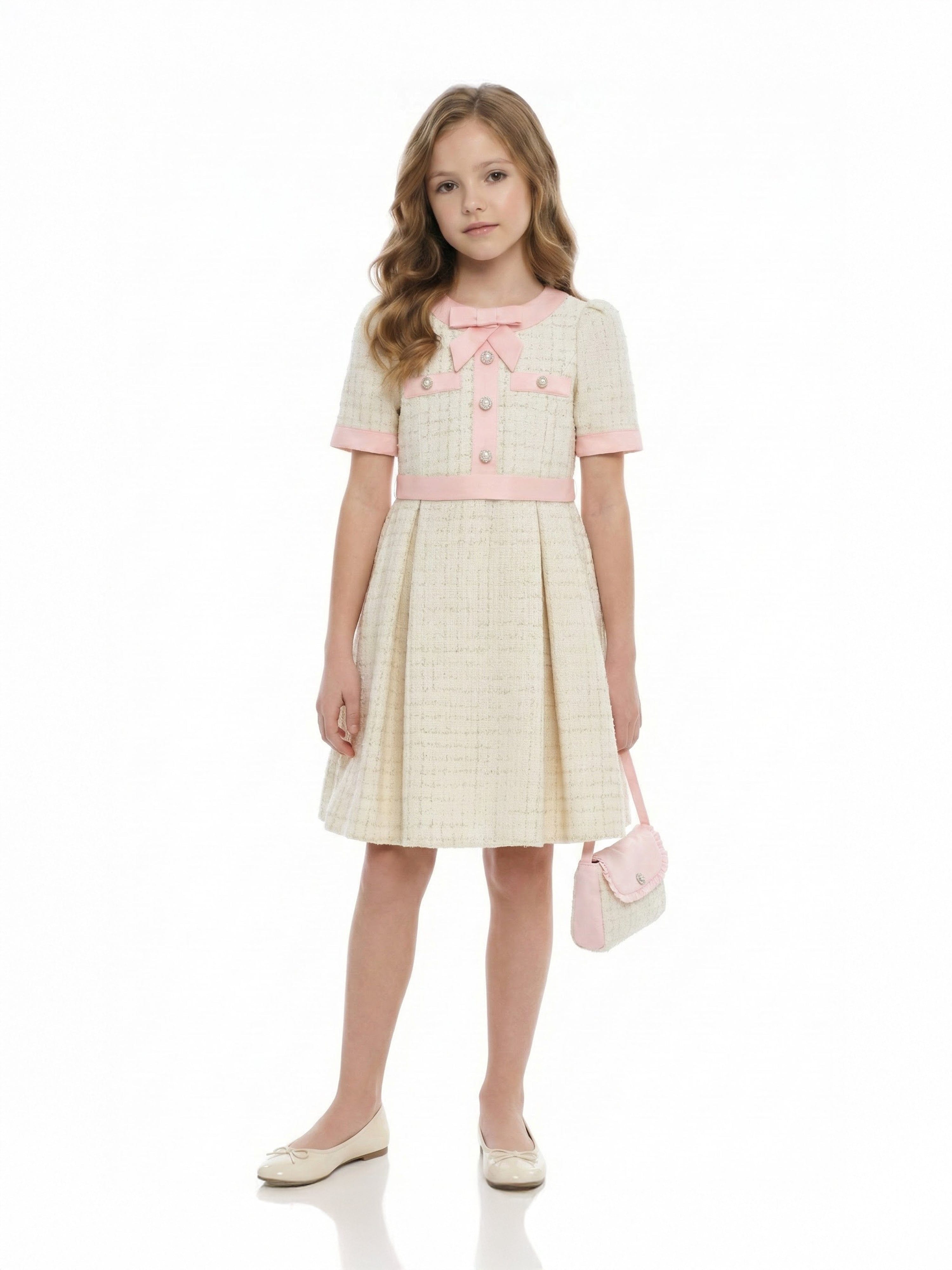 FLOREL Girls Tweed Dress in Ivory