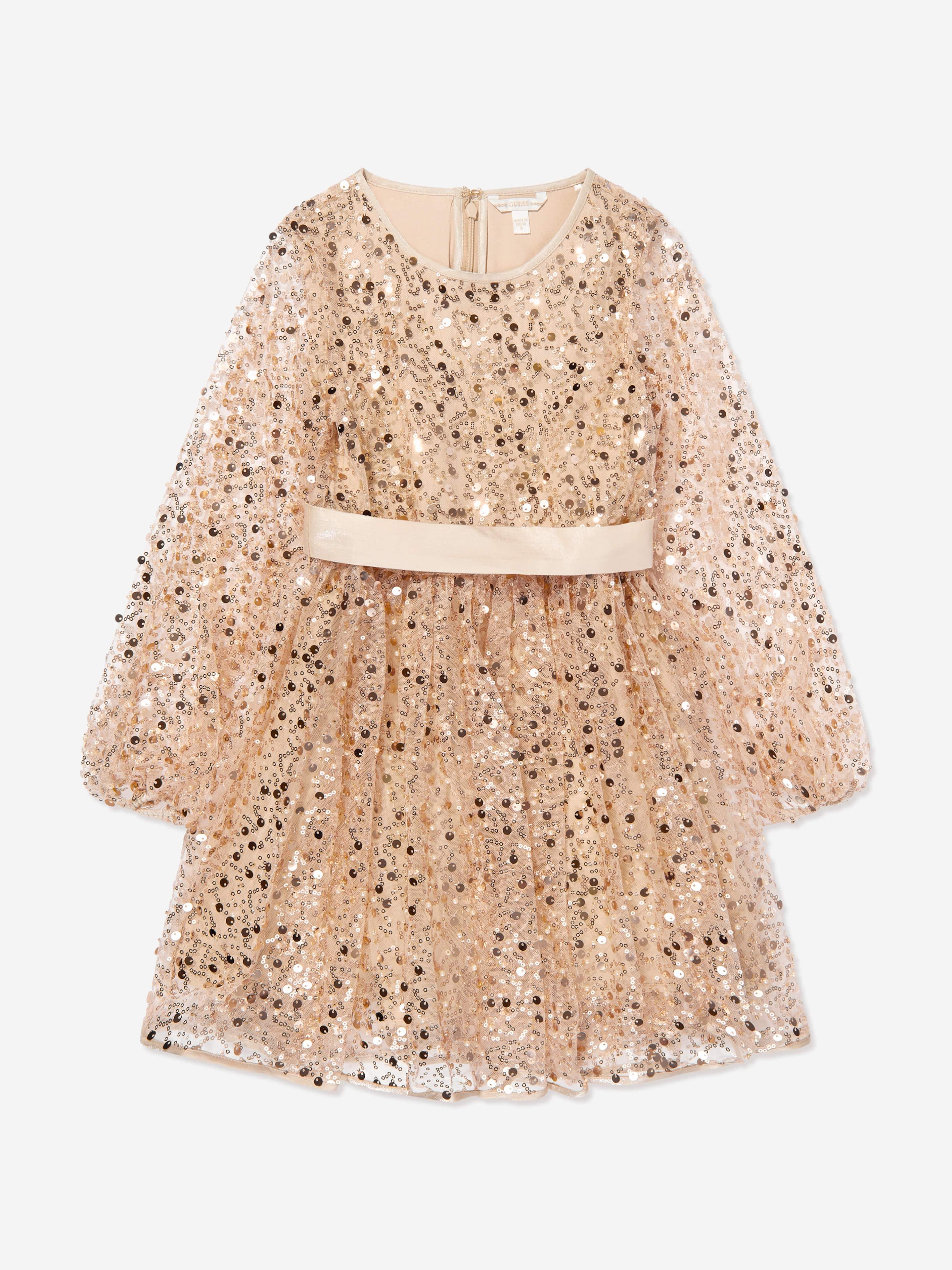 slim fit dress slacks Guess-Girls Gold Sequin & Tulle Dress