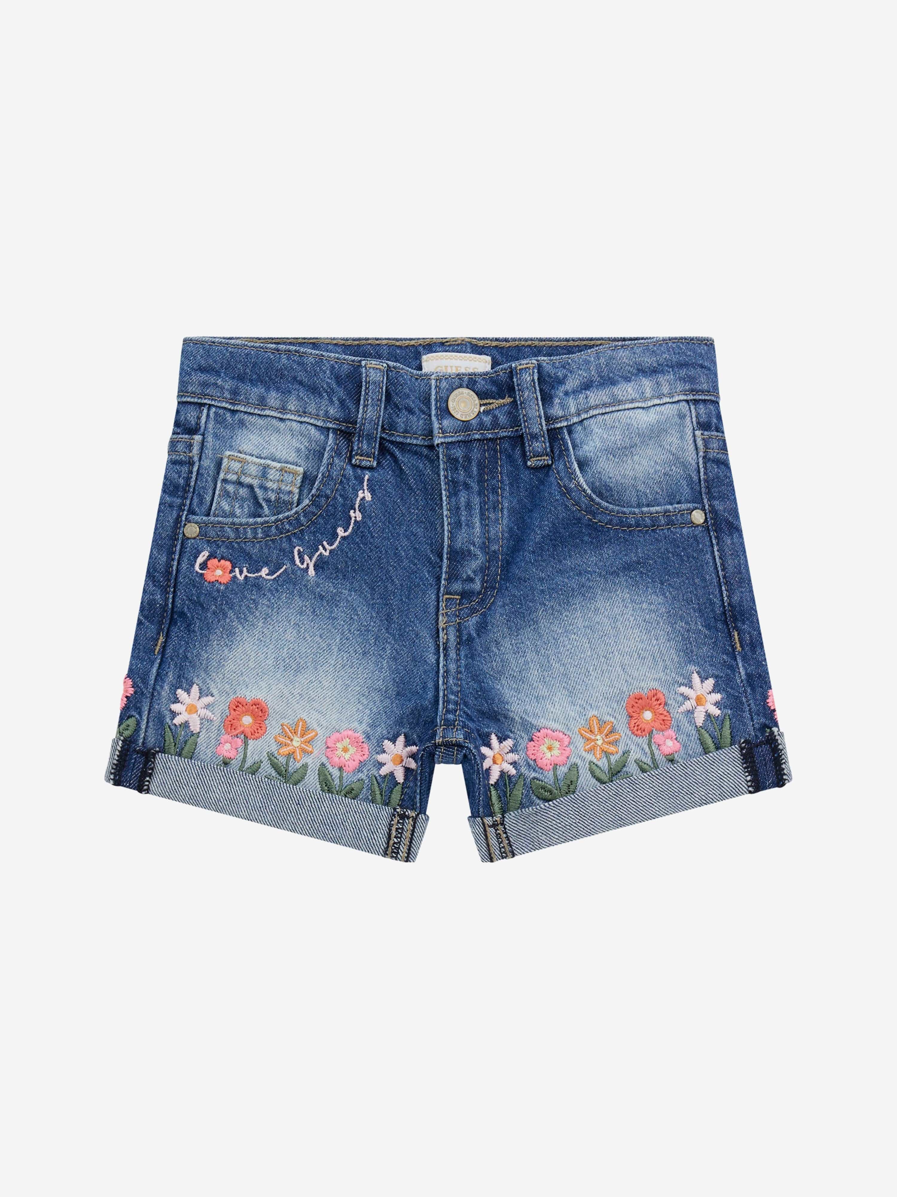Guess Guess Girls Embroidered Flower Denim Shorts in Blue
