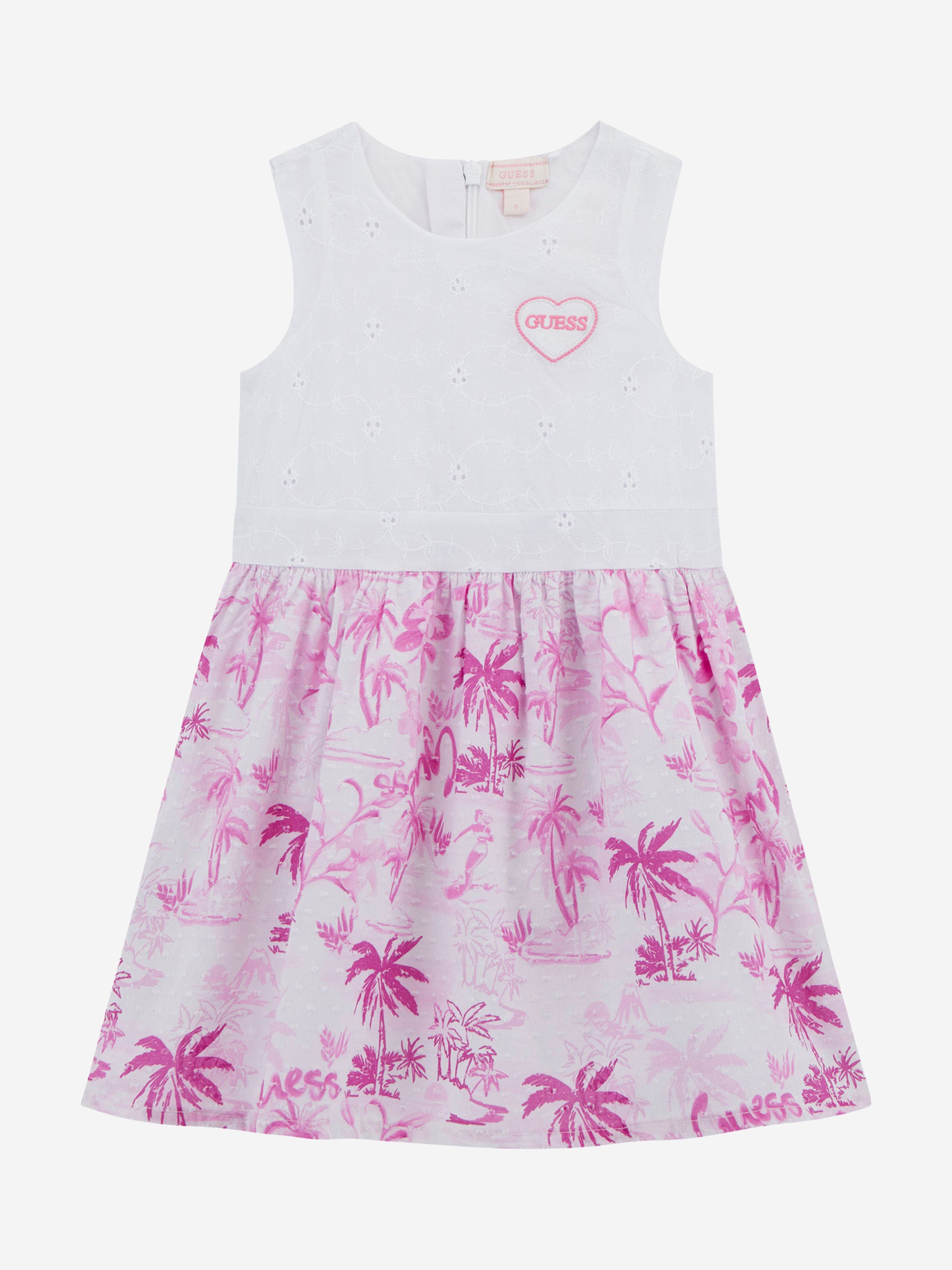 Guess Girls Sleeveless Tropical Print Dress in Pink
