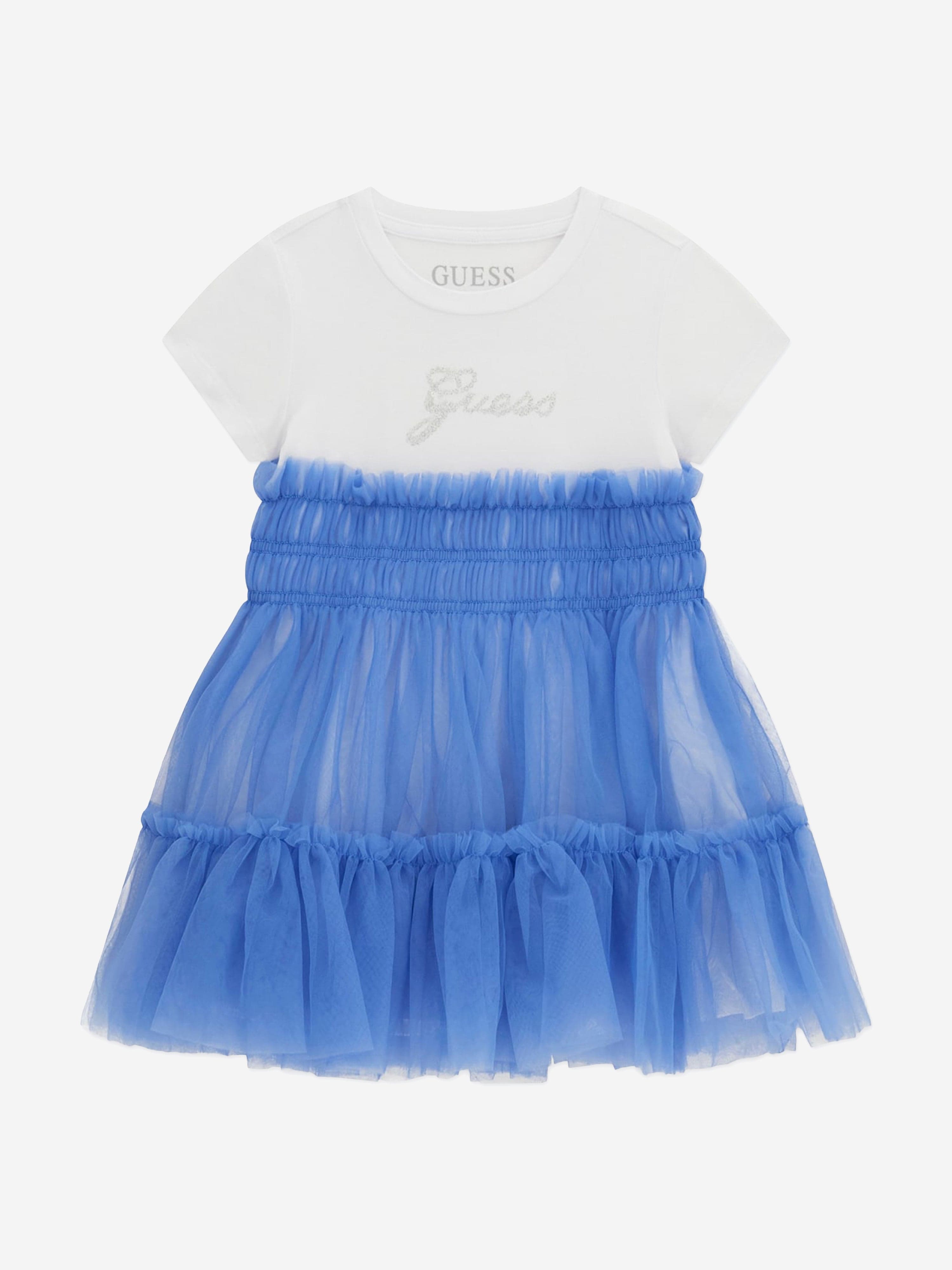 guess blue and white dress Guess Blue and White Sheath Dress with Flutter Cap Sleeves