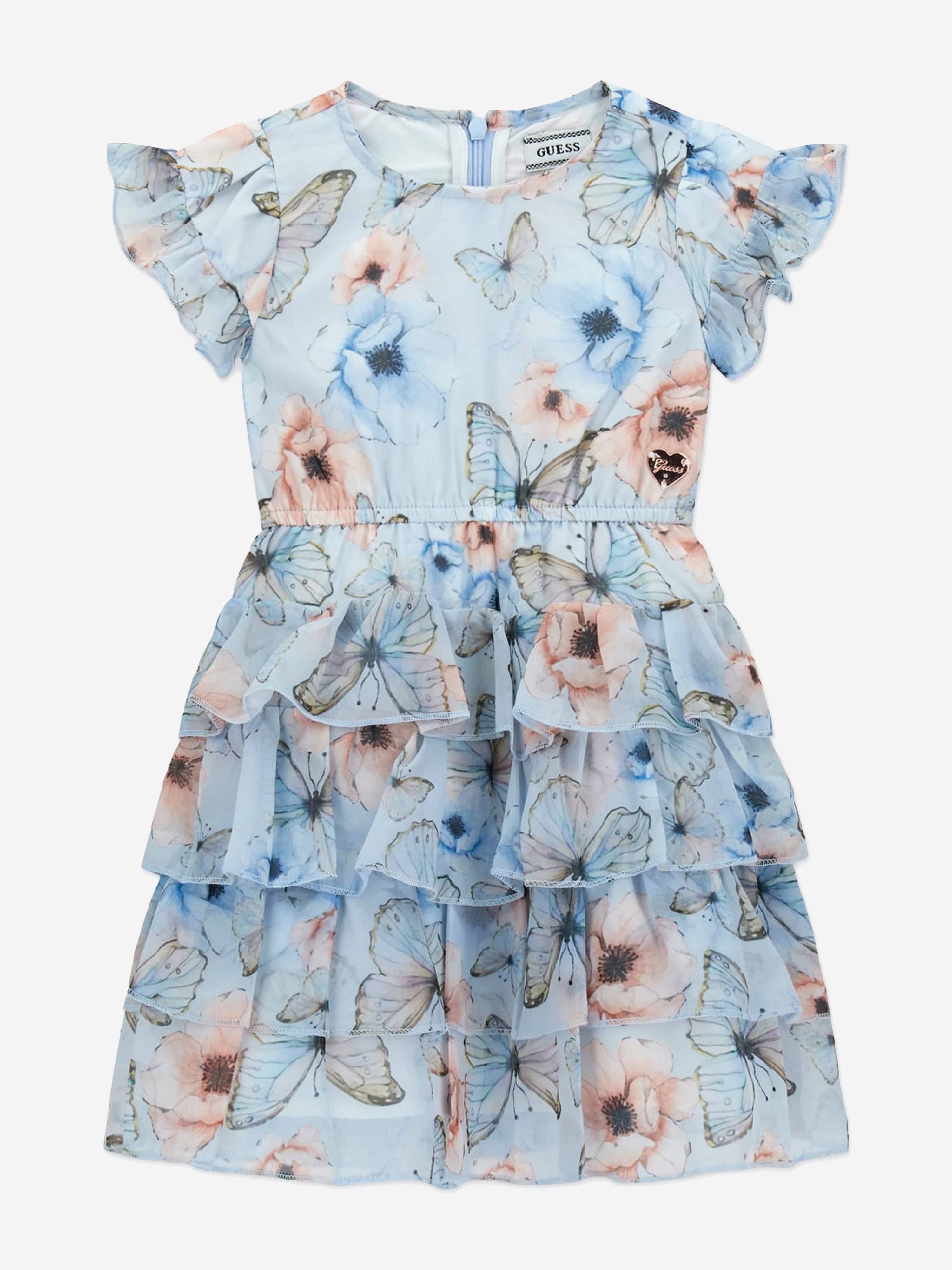 Guess-Girls Blue Floral & Butterfly Tiered Dress
