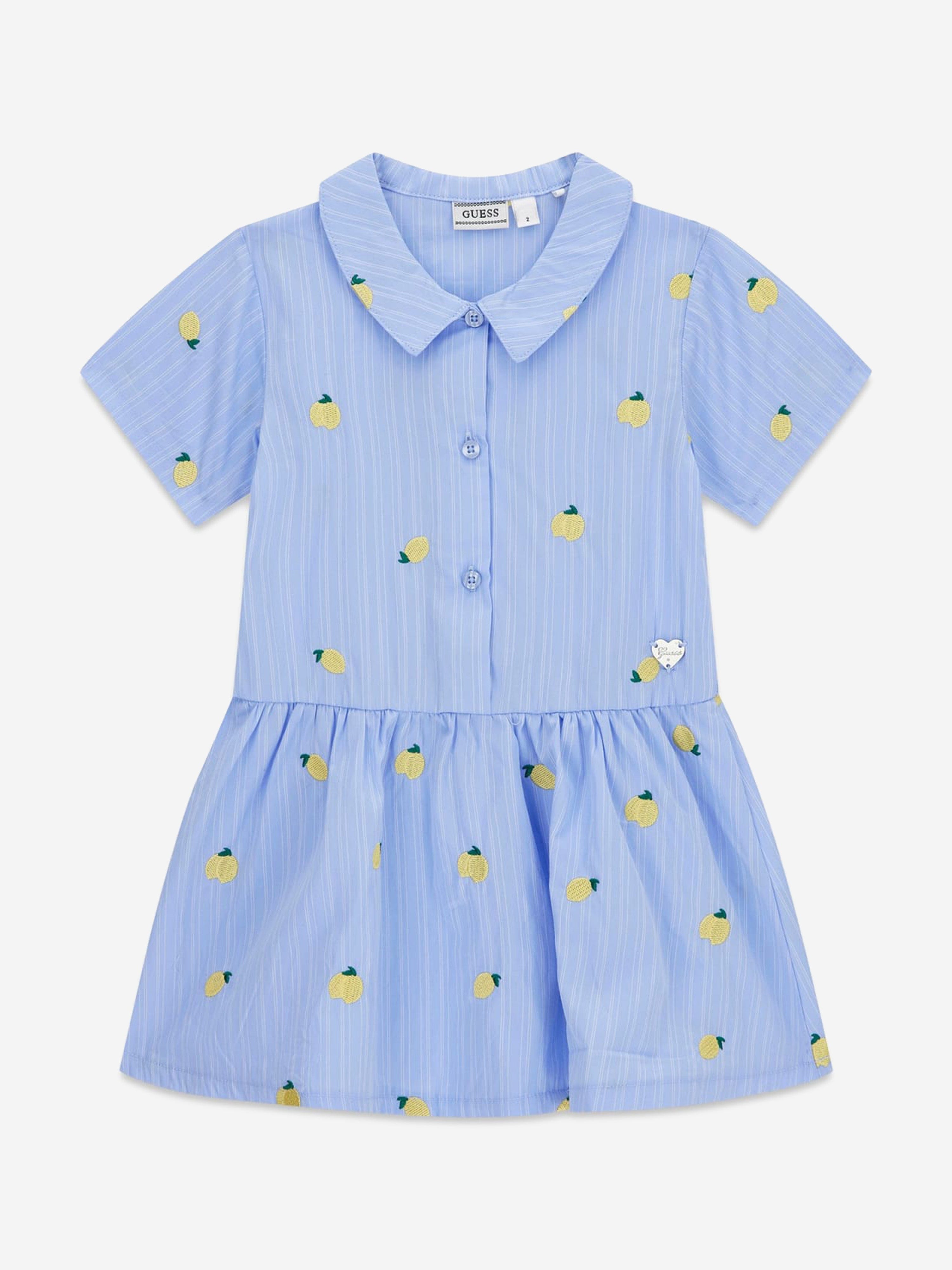 Guess Girls Poplin Striped Lemons Dress in Blue