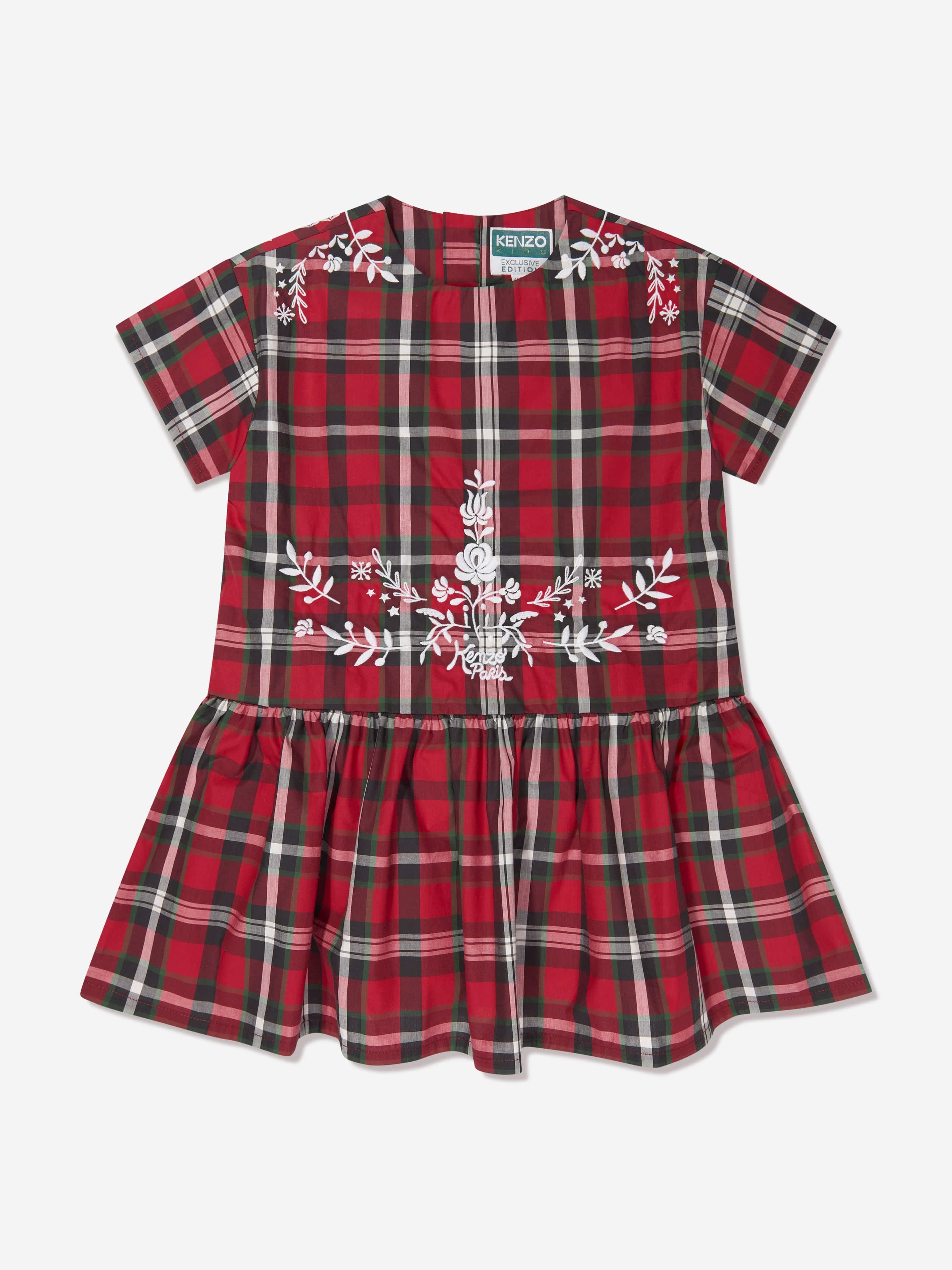 Kenzo Girls Checked Embroidered Dress in Red 10 Yrs