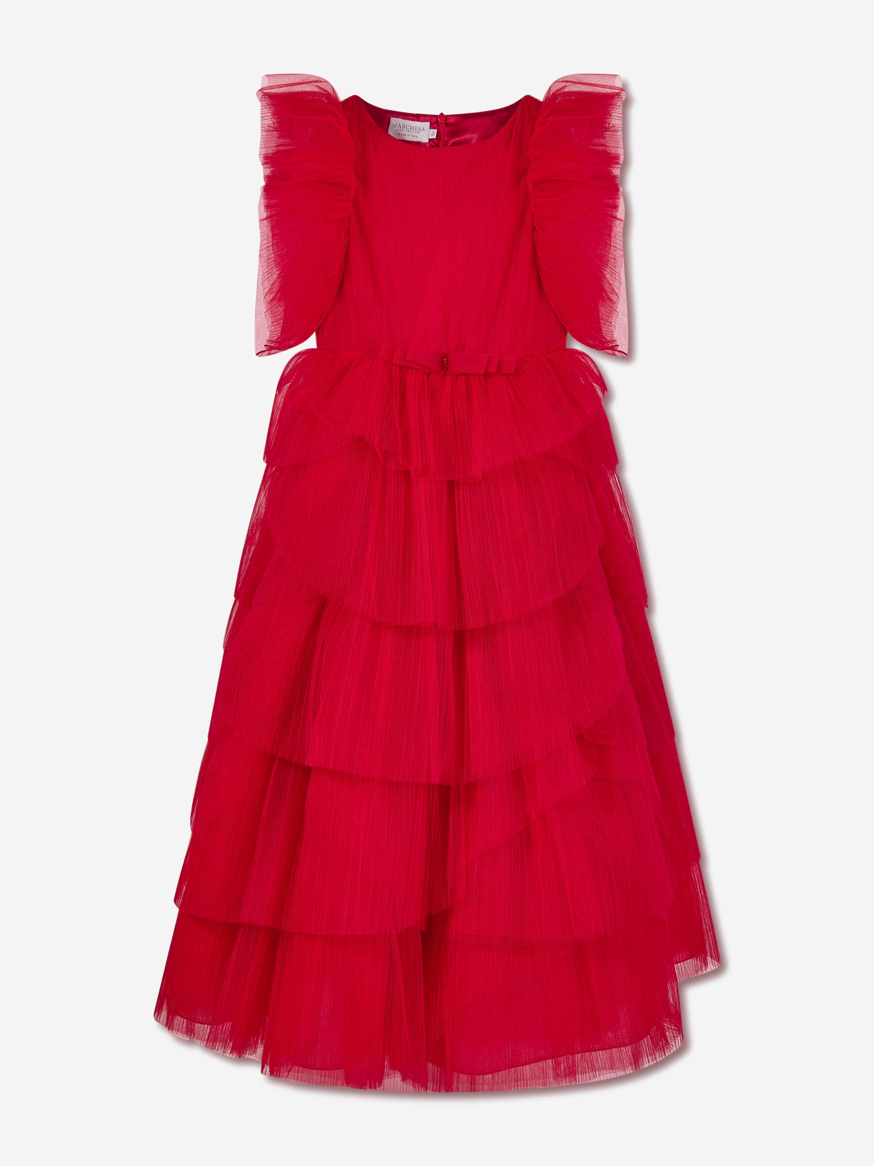Marchesa Girls Pleated Tulle Flounce Gown in Red | Childsplay Clothing