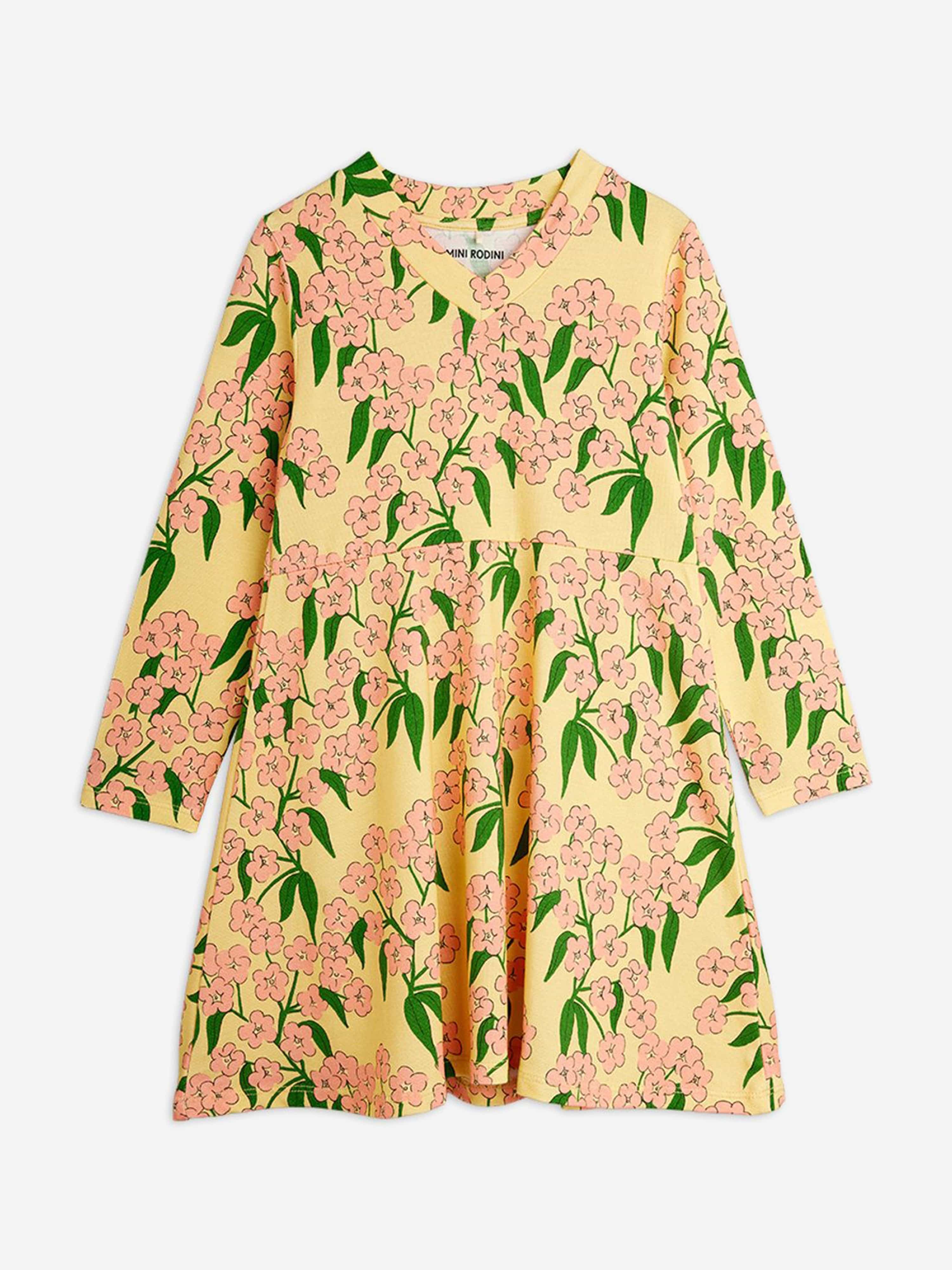 mini rodini bow dress Mini Rodini Girls Alpine Flowers AOP Dress in Yellow