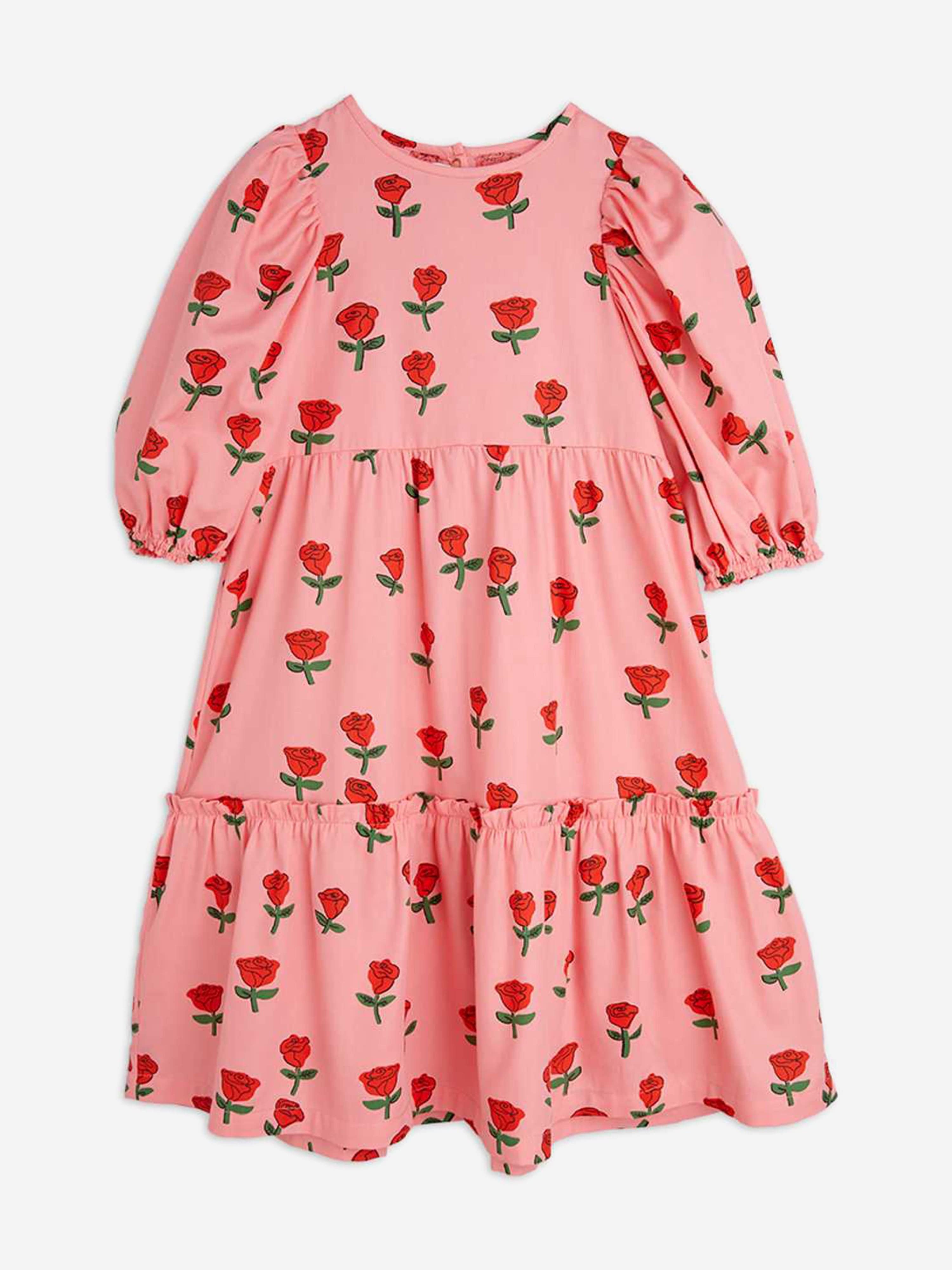 Mini Rodini Girls Roses AOP Puff Sleeve Dress in Pink