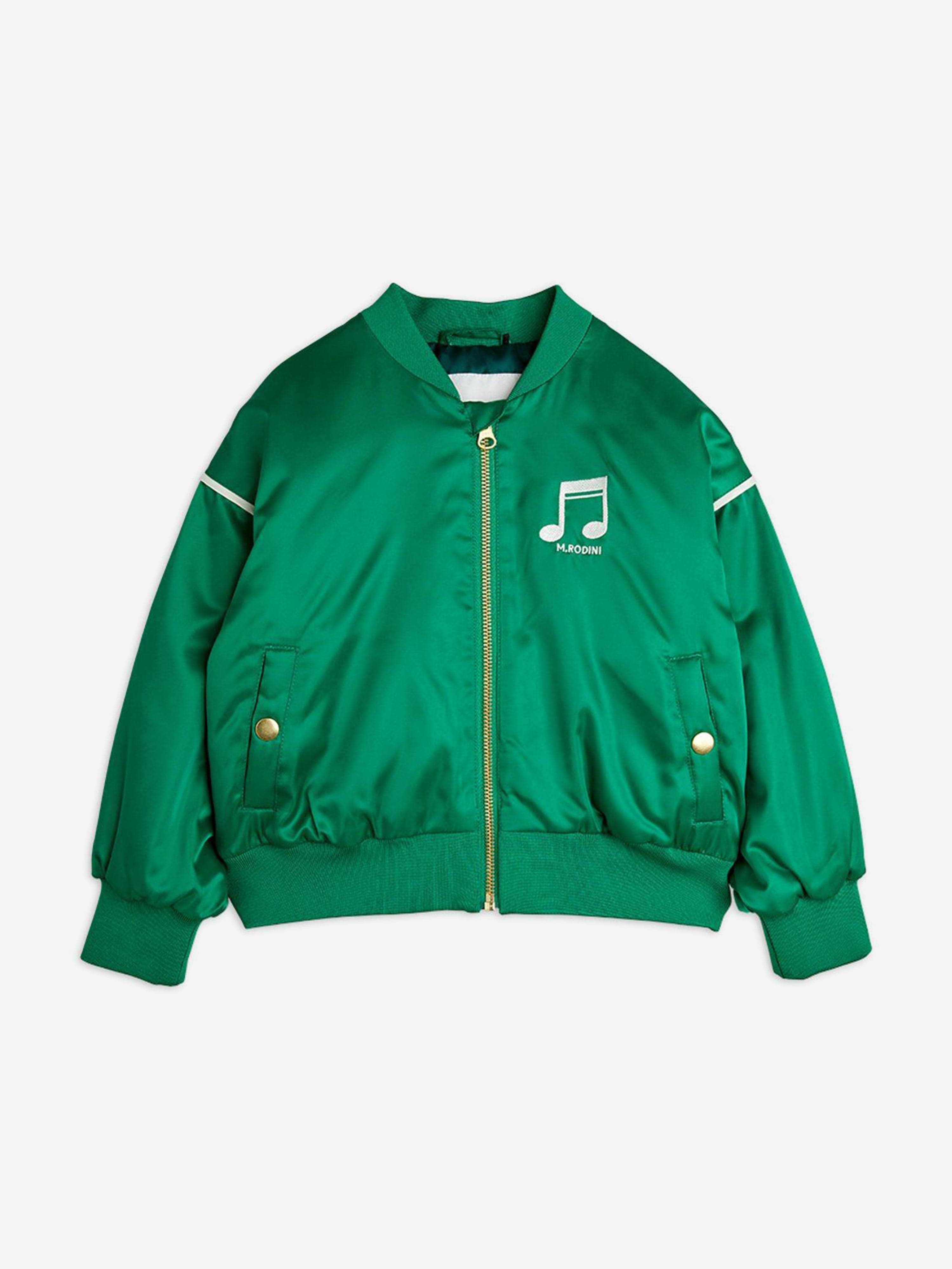 Mini Rodini Kids Note Chenille Satin Baseball Jacket in Green