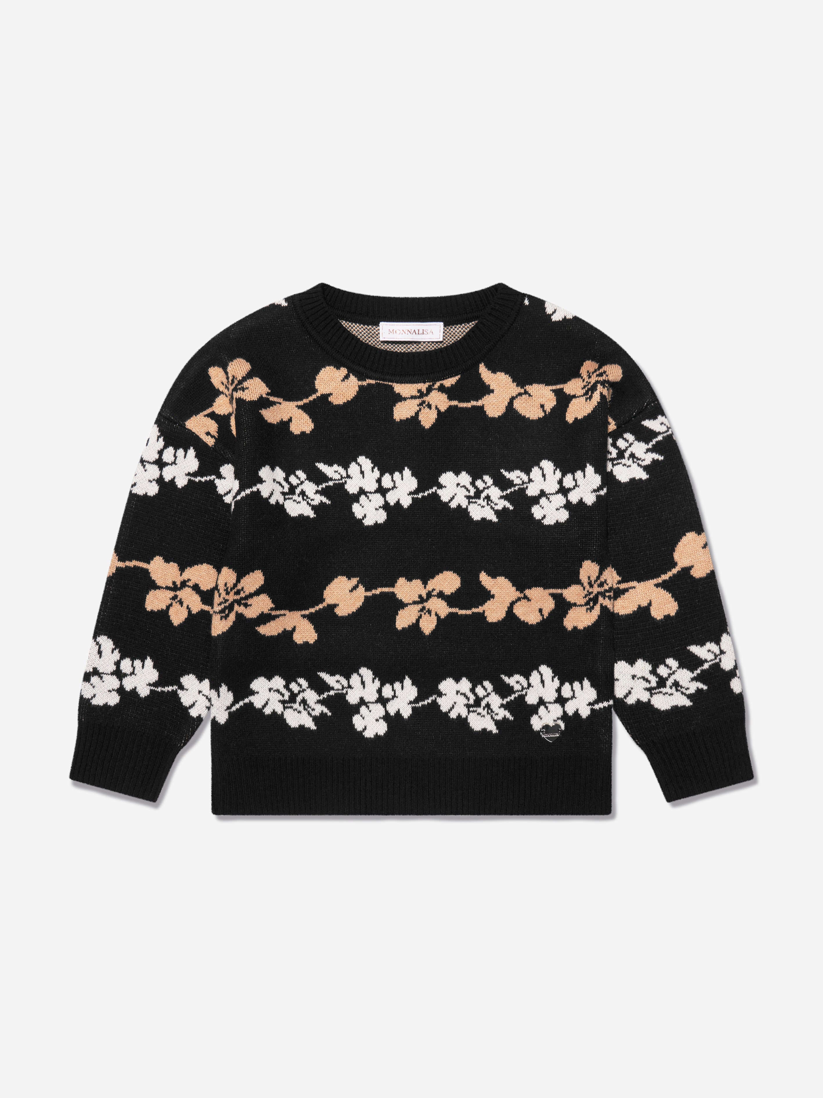 Black Floral Jacquard Knit Sweater, black/white