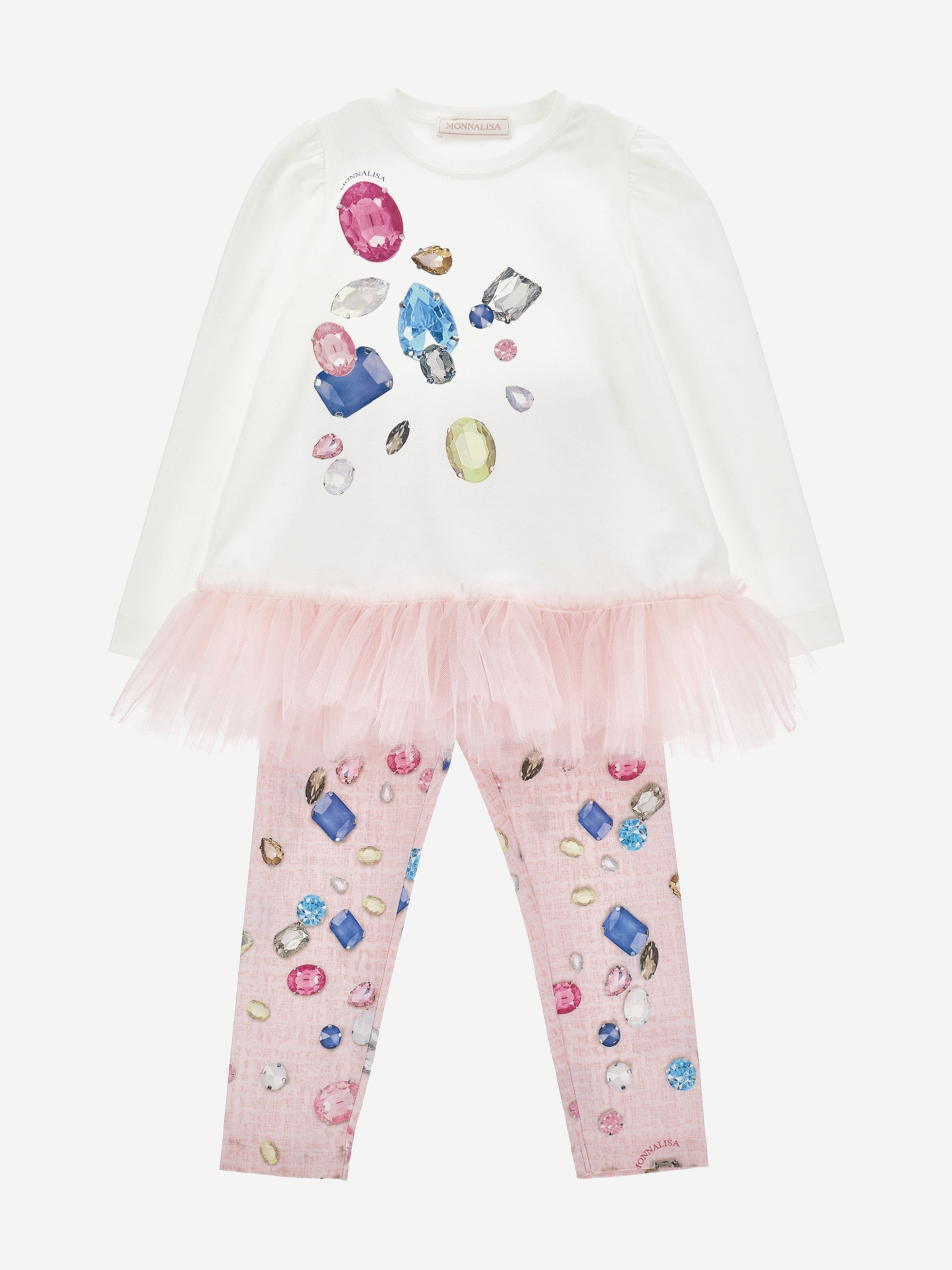 Monnalisa Ivory Leggings Set With Vintage Blue Rose Print