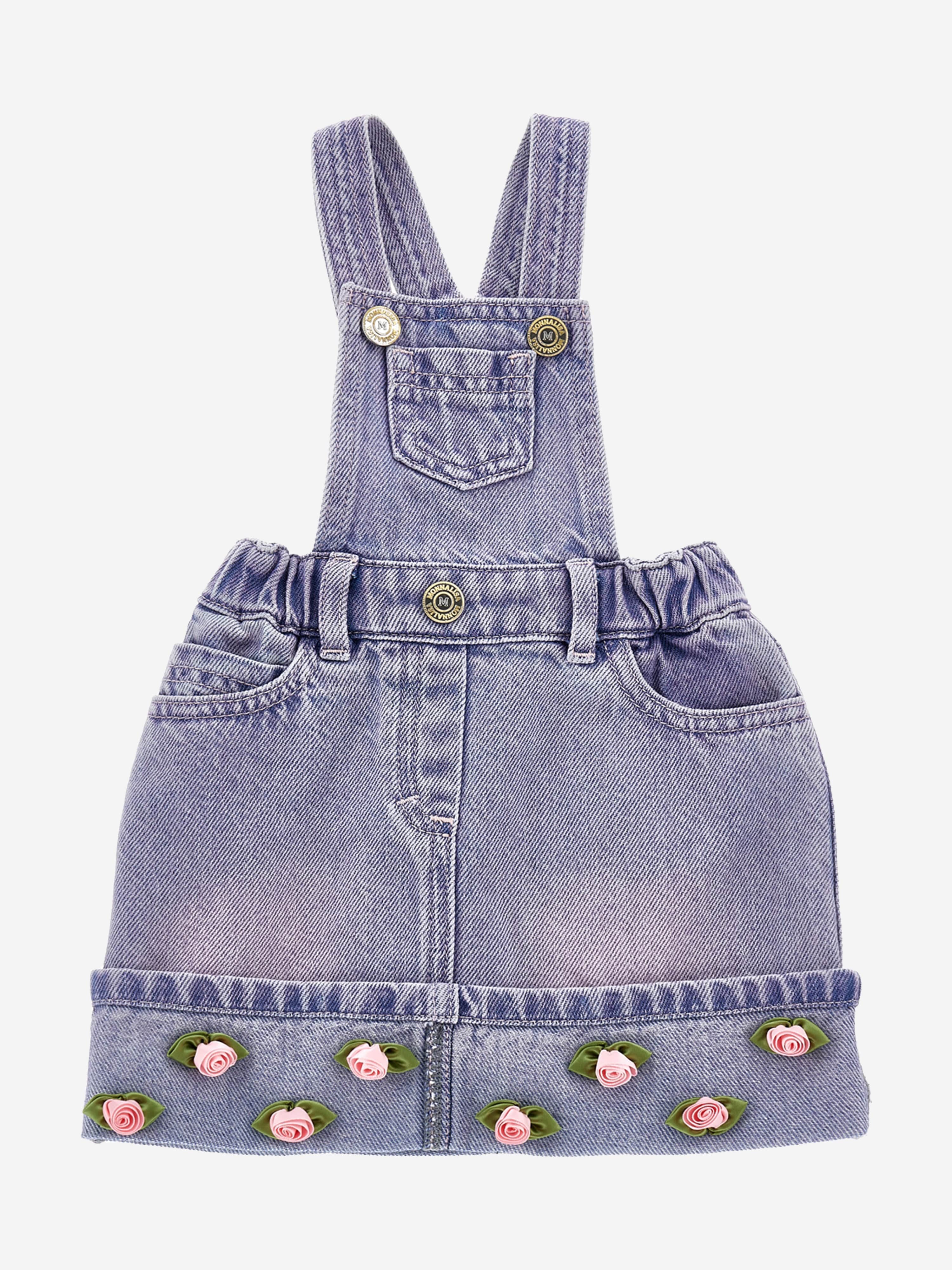 Monnalisa Baby Girls Rose Denim Dungaree Dress in Blue Monnalisa Baby Girls Rose Denim Dungaree Dress in Blue