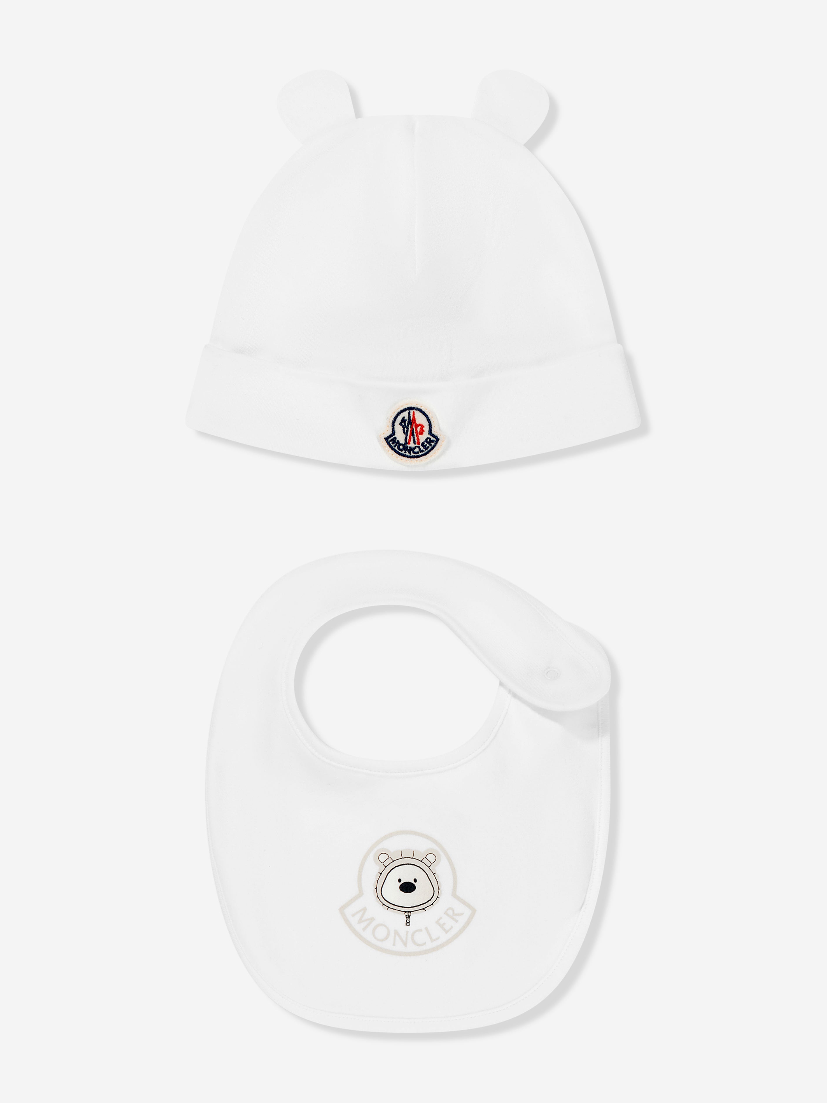 Moncler Enfant Baby Hat and Bib Set in Ivory | Childsplay Clothing