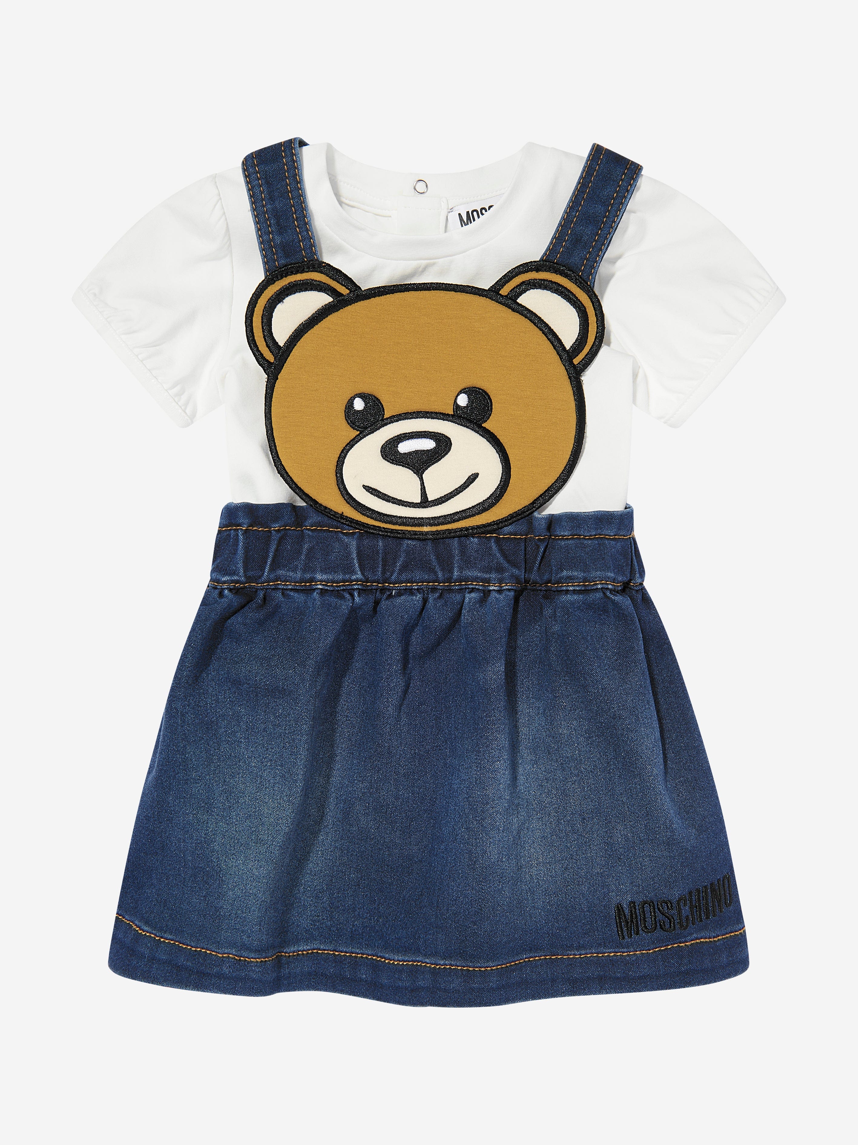 Moschino Baby Girls Bear Denim Dress Set in Ivory Moschino Baby Girls Bear Denim Dress Set in Ivory
