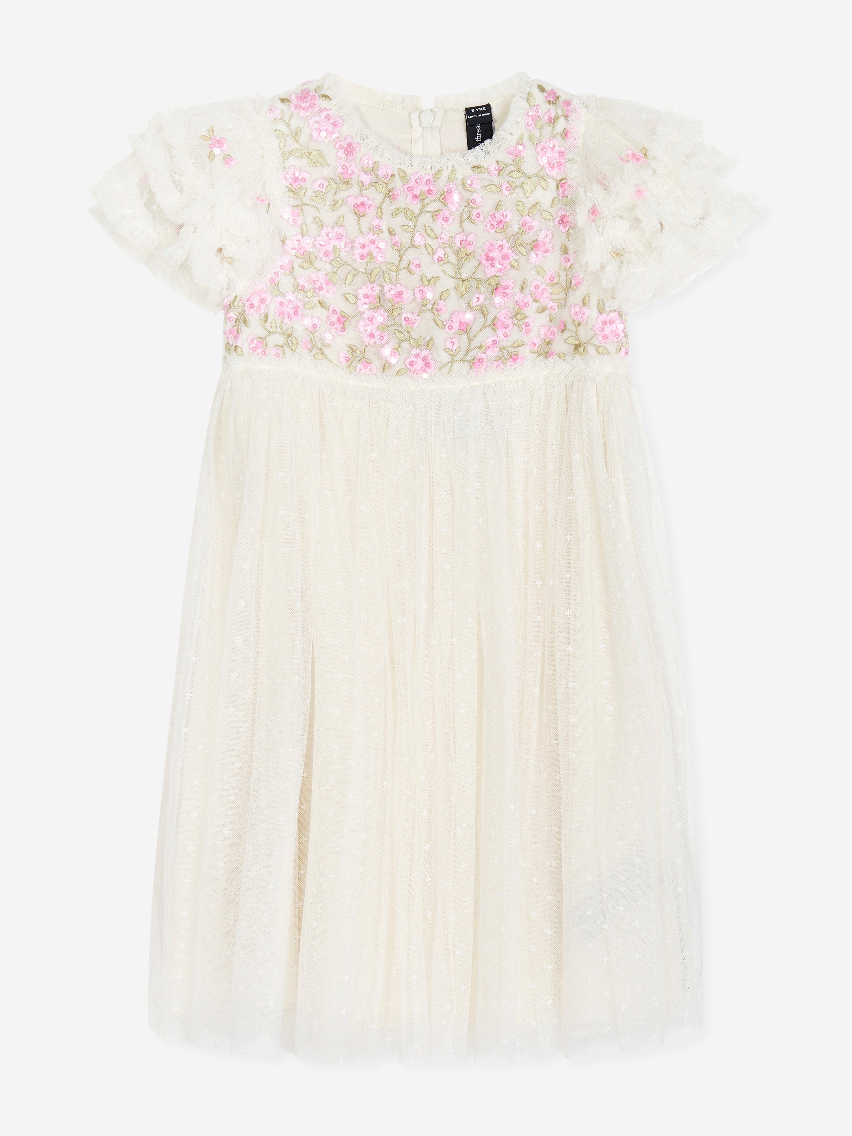 floral embroidered tea length dress Needle & Thread Girls Tulle Posy Bodice Dress in Pink