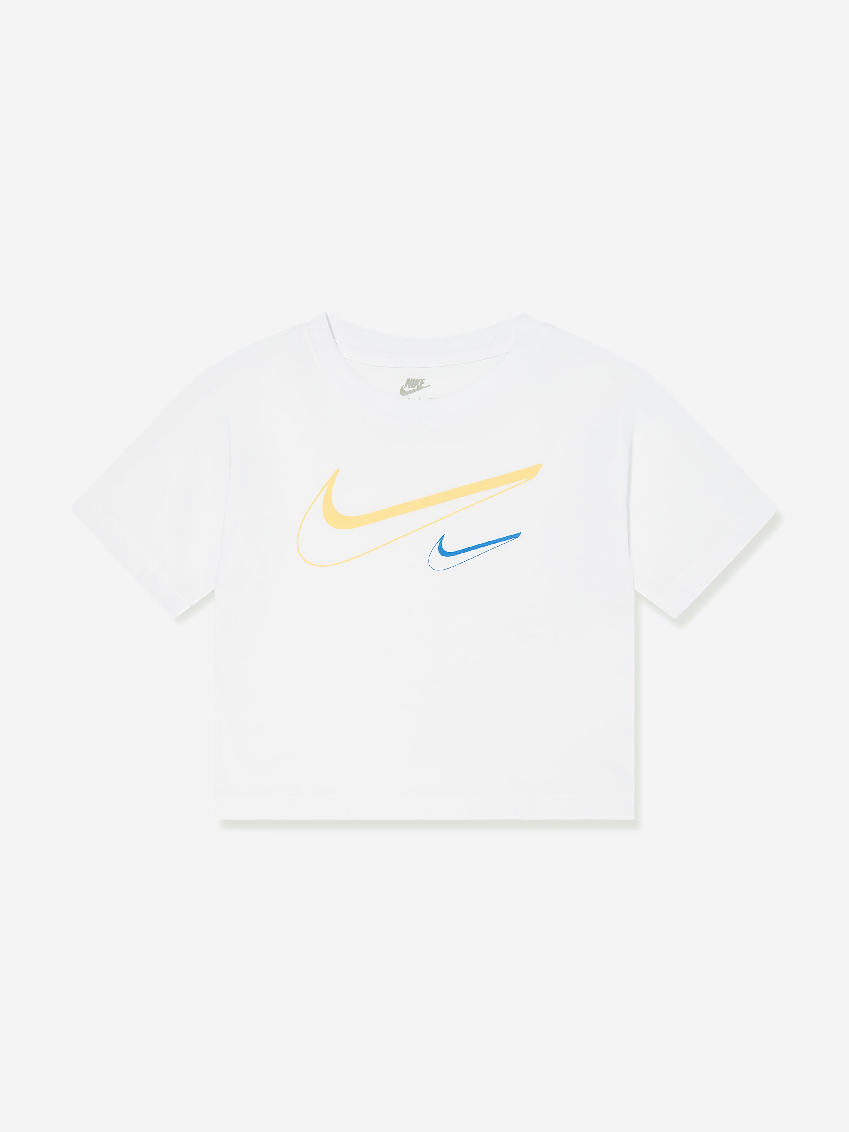 white nike shirt blue swoosh