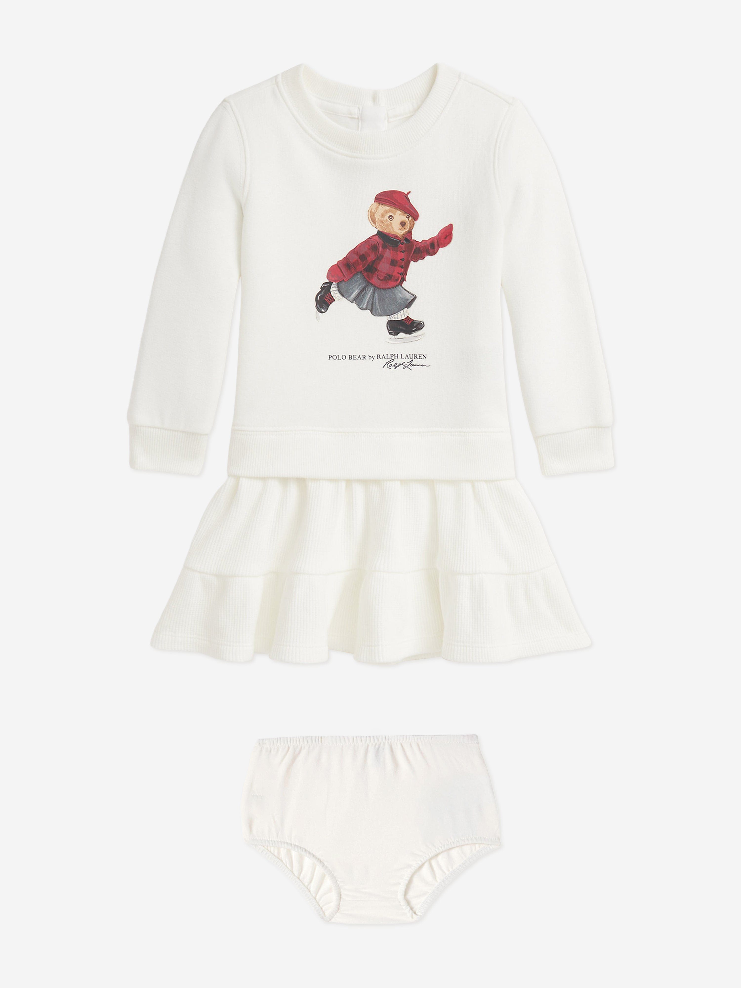 Ralph Lauren Baby Girls Polo Bear Sweater Dress in Ivory | Childsplay Clothing Ralph Lauren Baby Girls Polo Bear Sweater Dress in Ivory | Childsplay Clothing