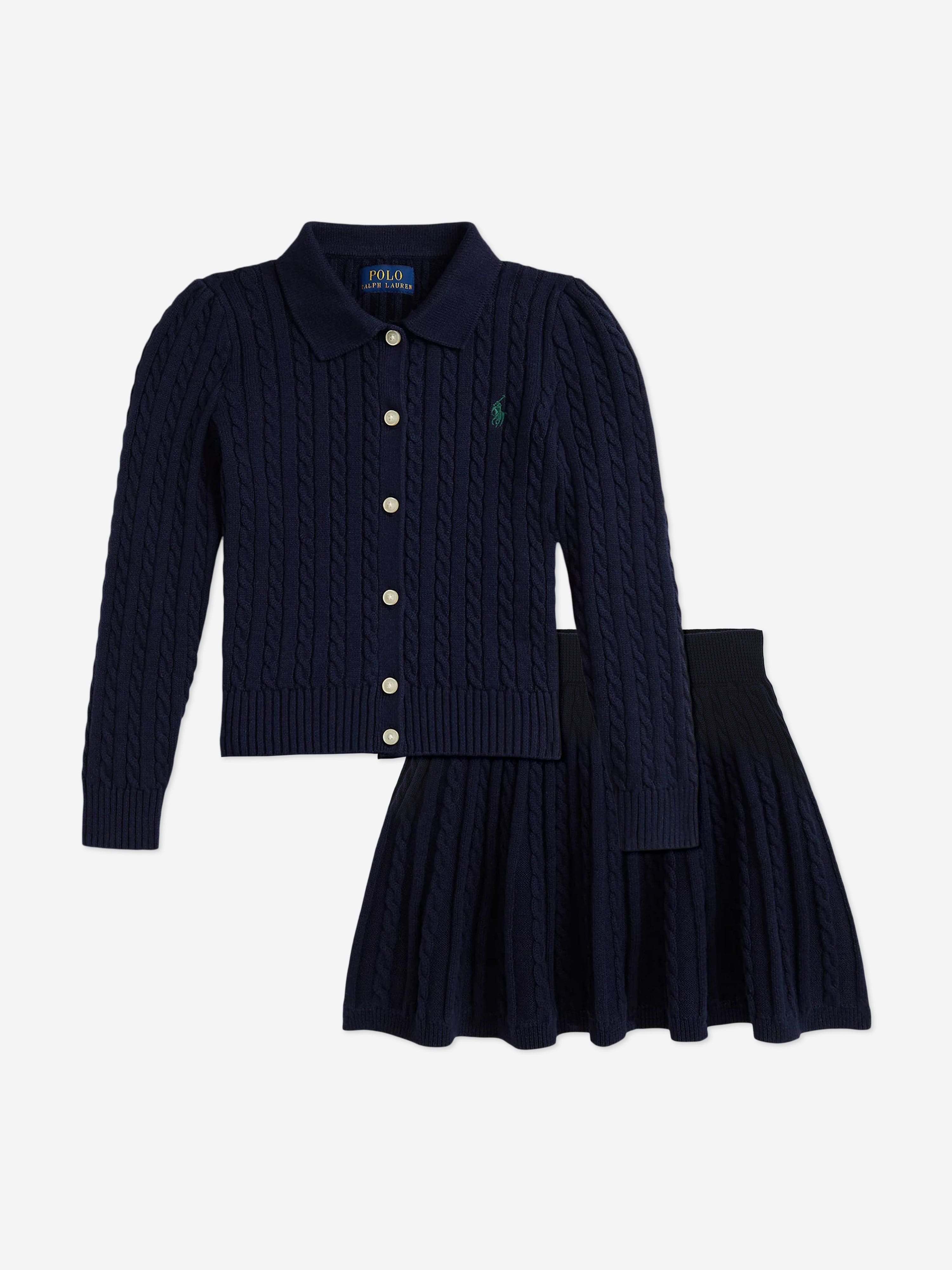 Ralph Lauren Girls Cable Knit Cardigan and Skirt Set in Navy