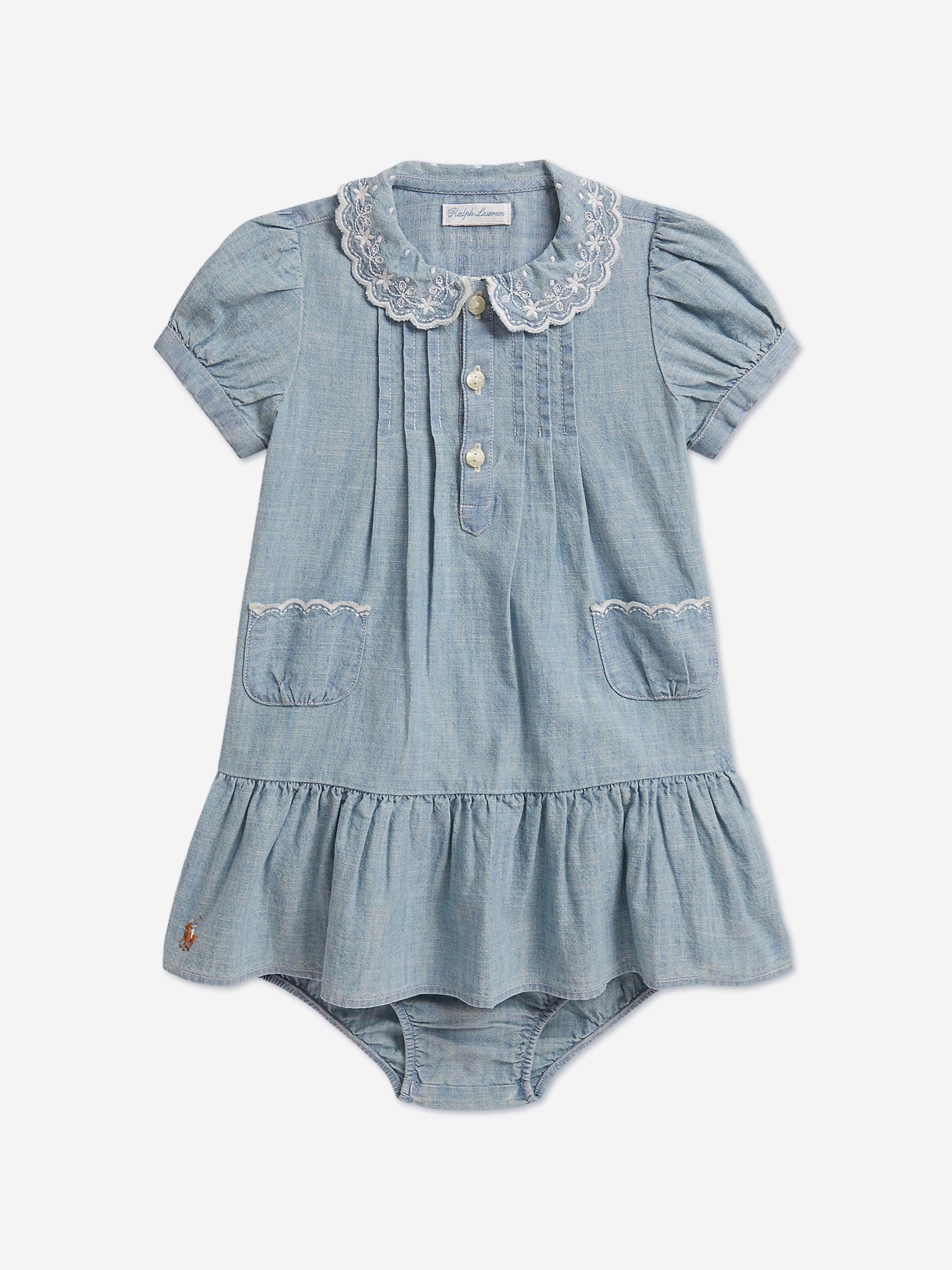 Ralph Lauren Baby Girls Chambray Peplum Dress in Blue | Designer Baby Dress