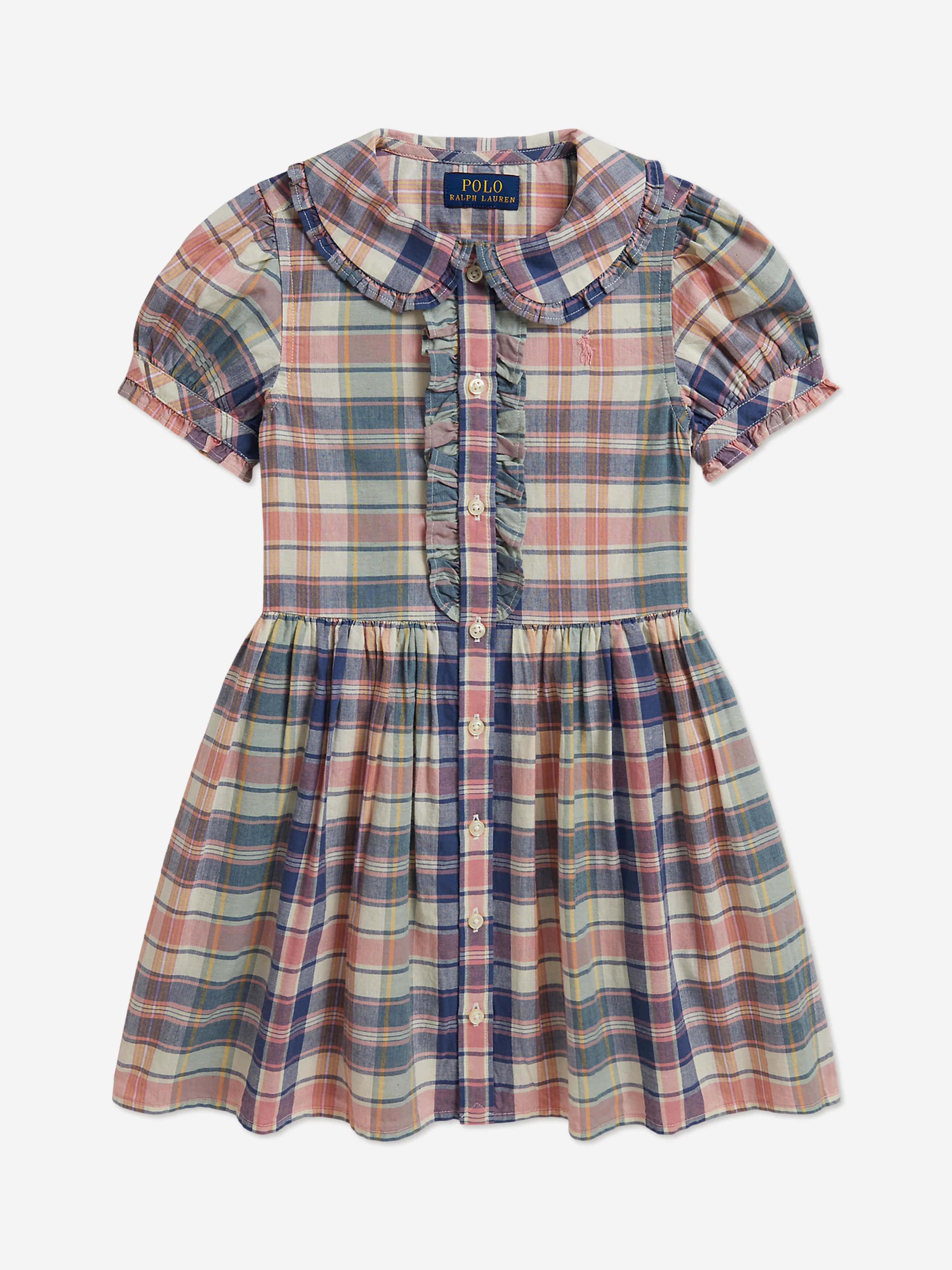 Ralph Lauren Girls Plaid Cotton Shirt Dress in Pink | Designer Girls' Shirt Dress
