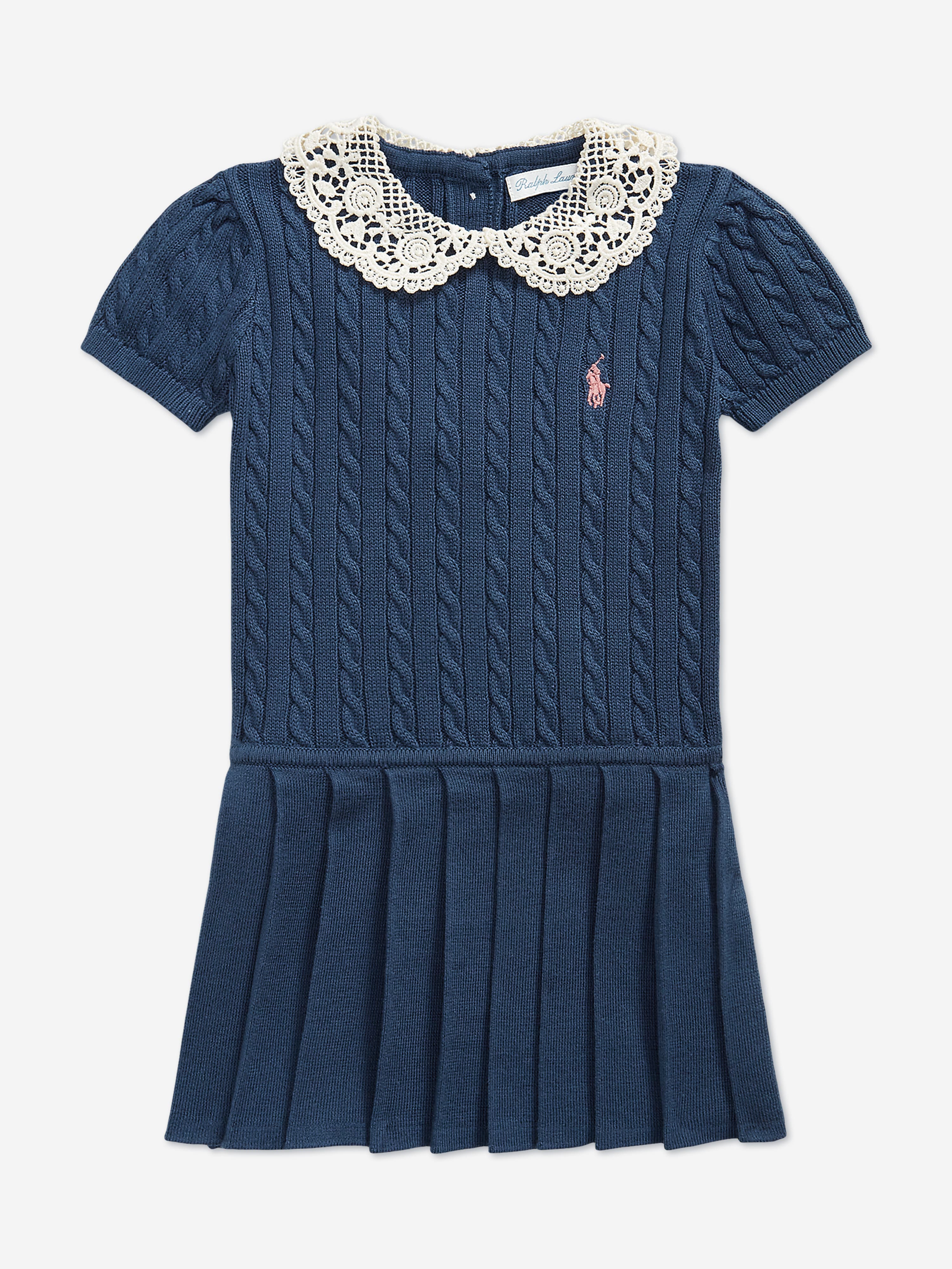 Ralph Lauren Baby Girls Cable Knit Dress with Lace Collar in Navy