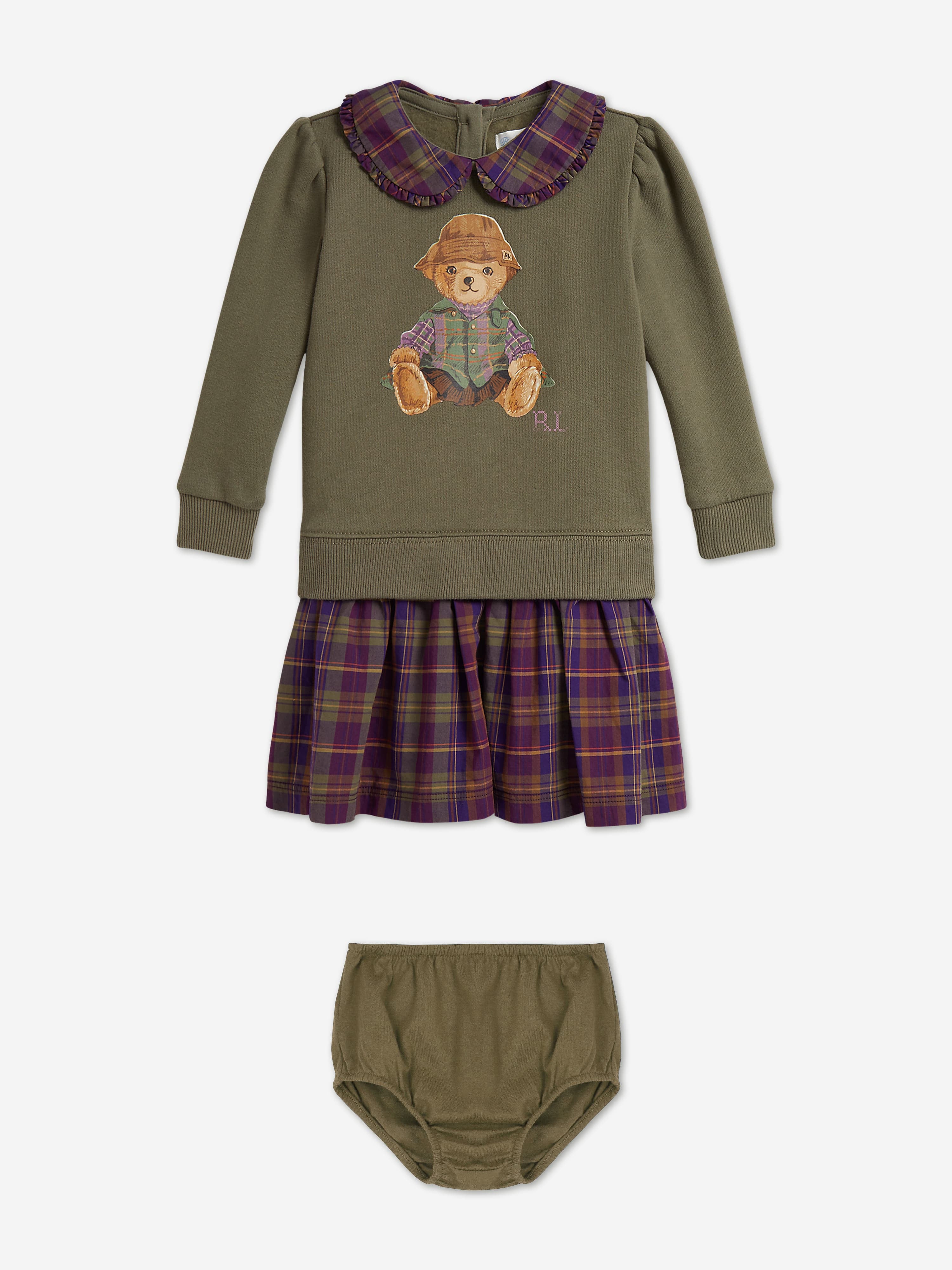 Ralph Lauren Baby Girls Polo Bear Dress in Green | Designer Baby Girl Dress