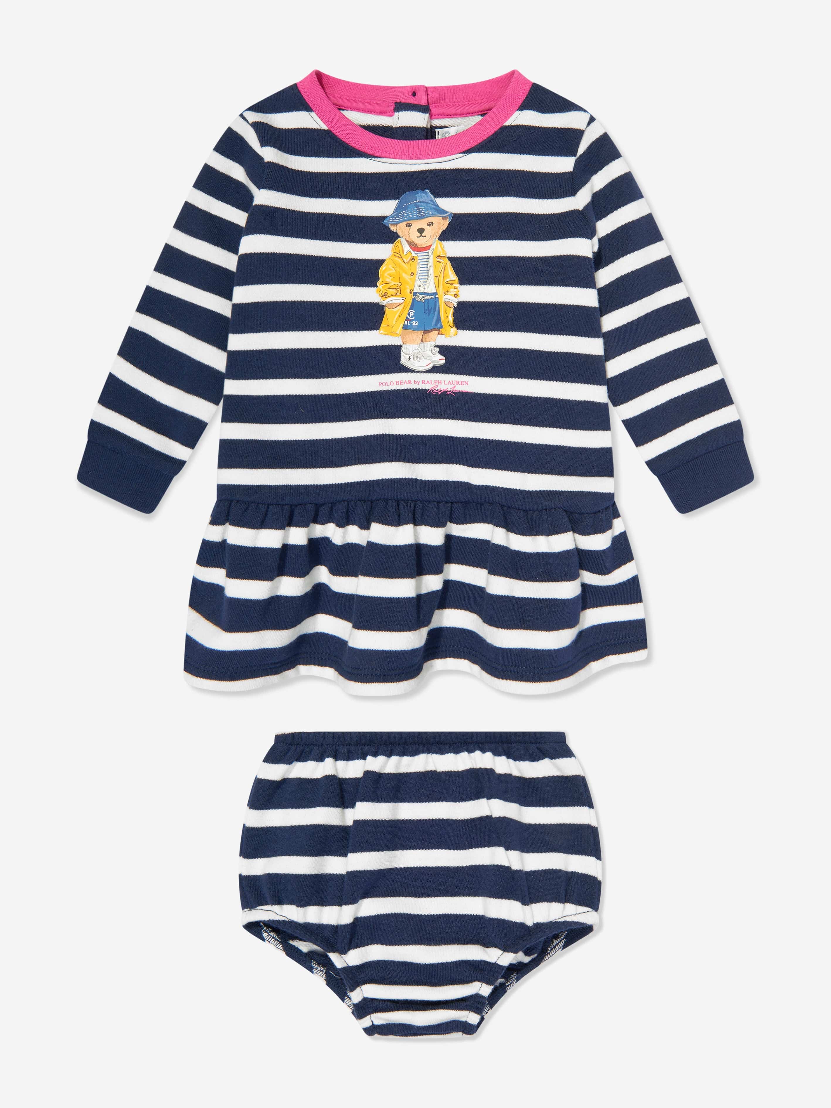 Ralph Lauren Baby Girls Striped Polo Bear Dress in Navy