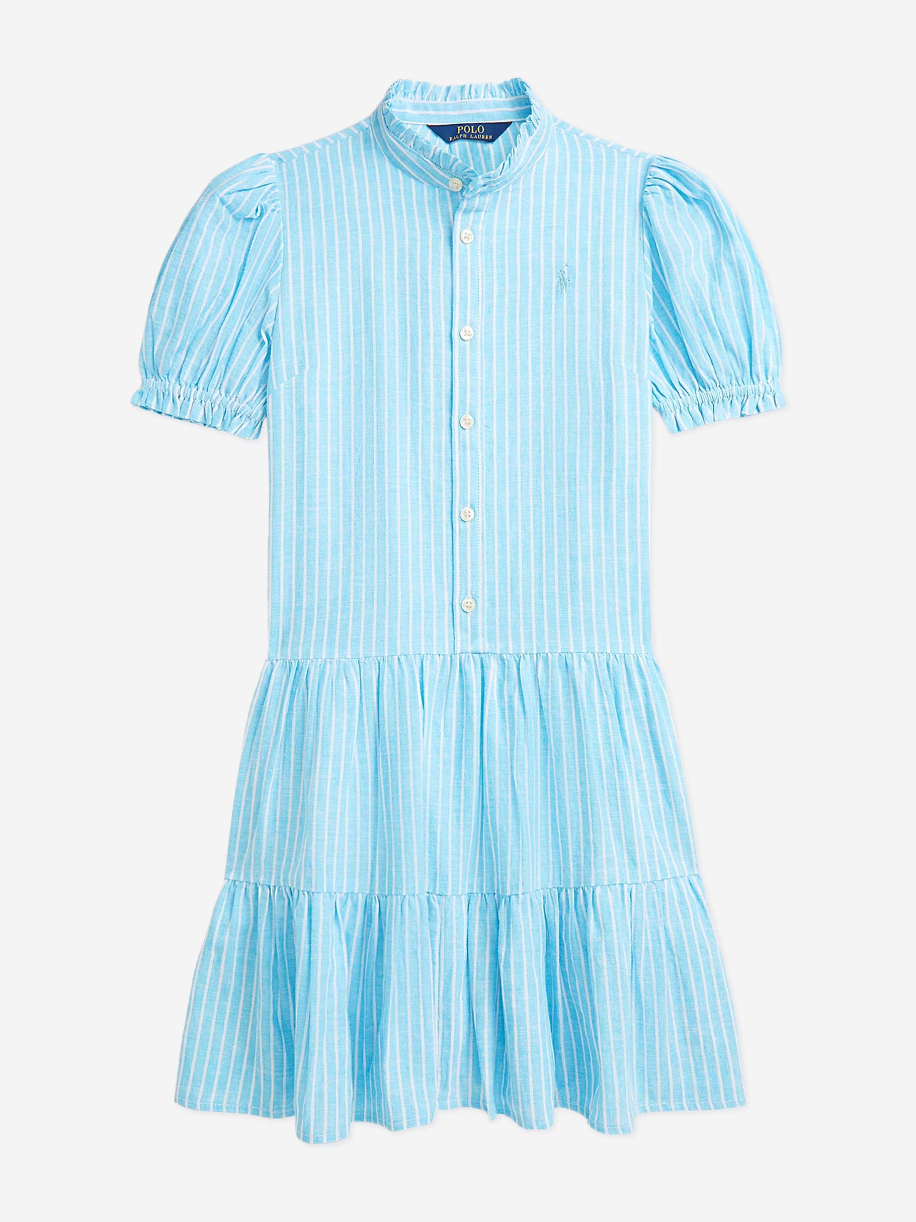 Ralph Lauren Girls Linen Striped Dress in Blue | Childsplay Clothing Ralph Lauren Girls Linen Striped Dress in Blue | Childsplay Clothing