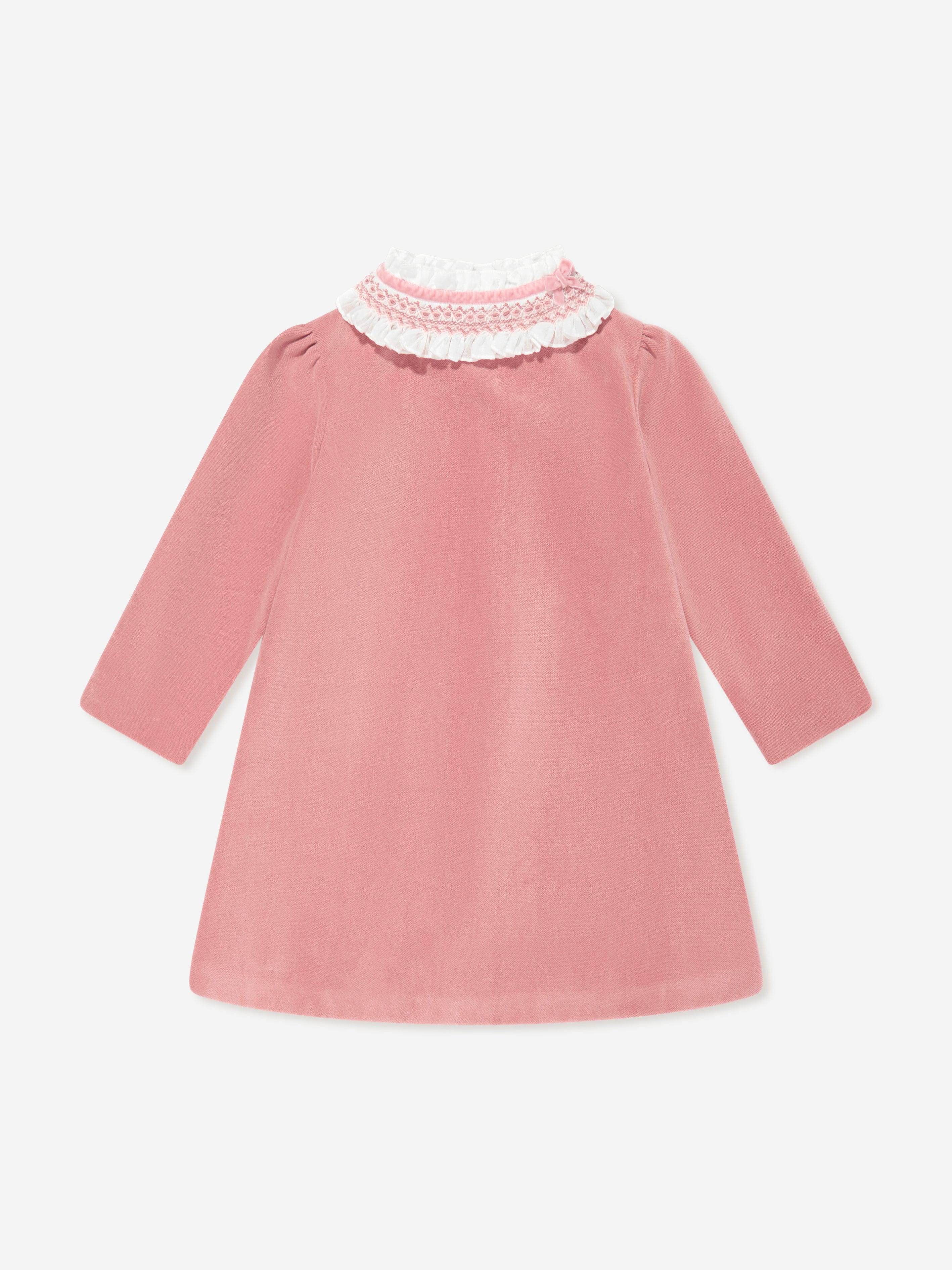 Sarah Louise Girls Velvet Smocked Dress in Pink