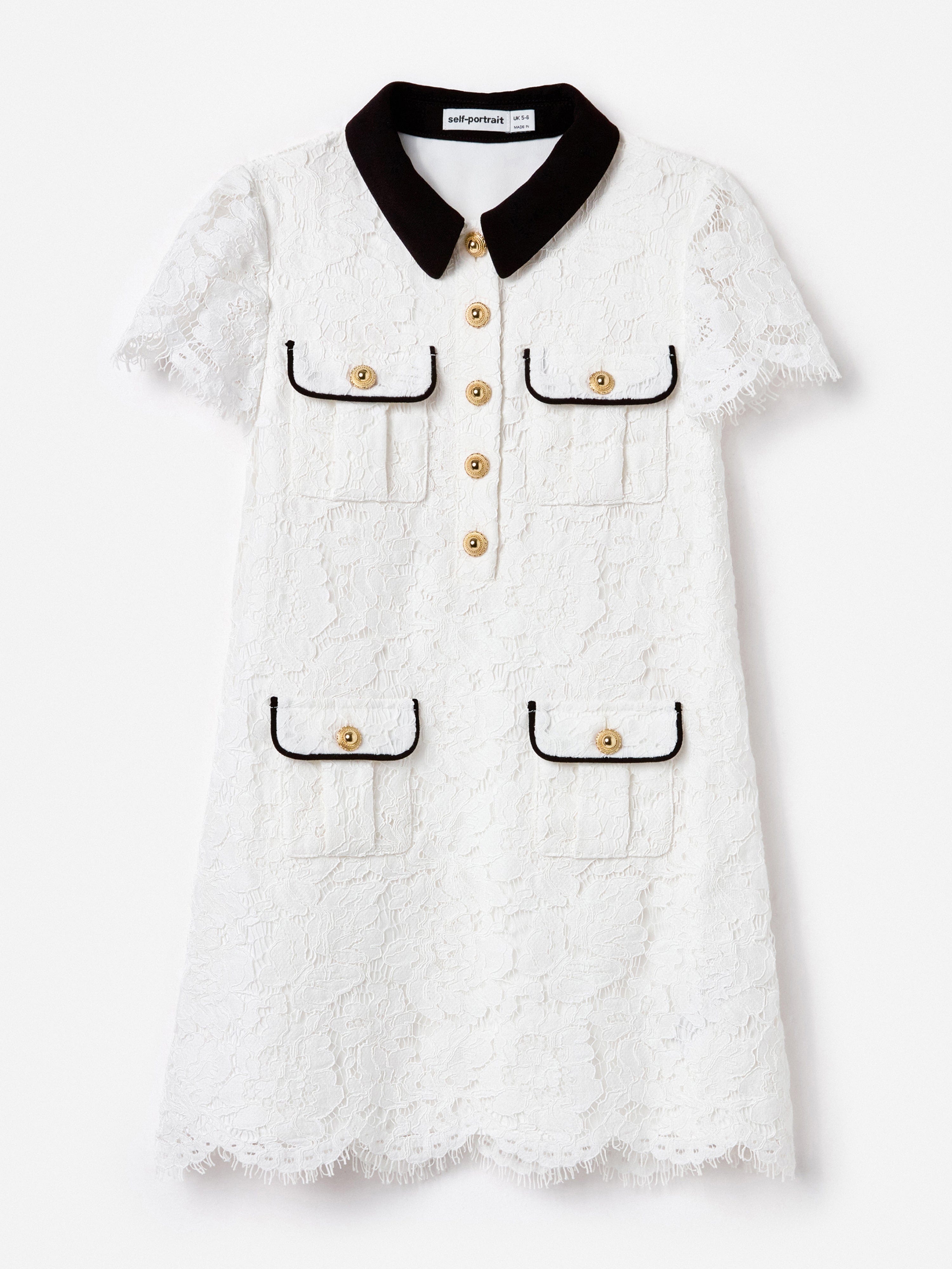 Self Portrait Girls Lace Contrast Collar Dress in White Self Portrait Girls Lace Contrast Collar Dress in White