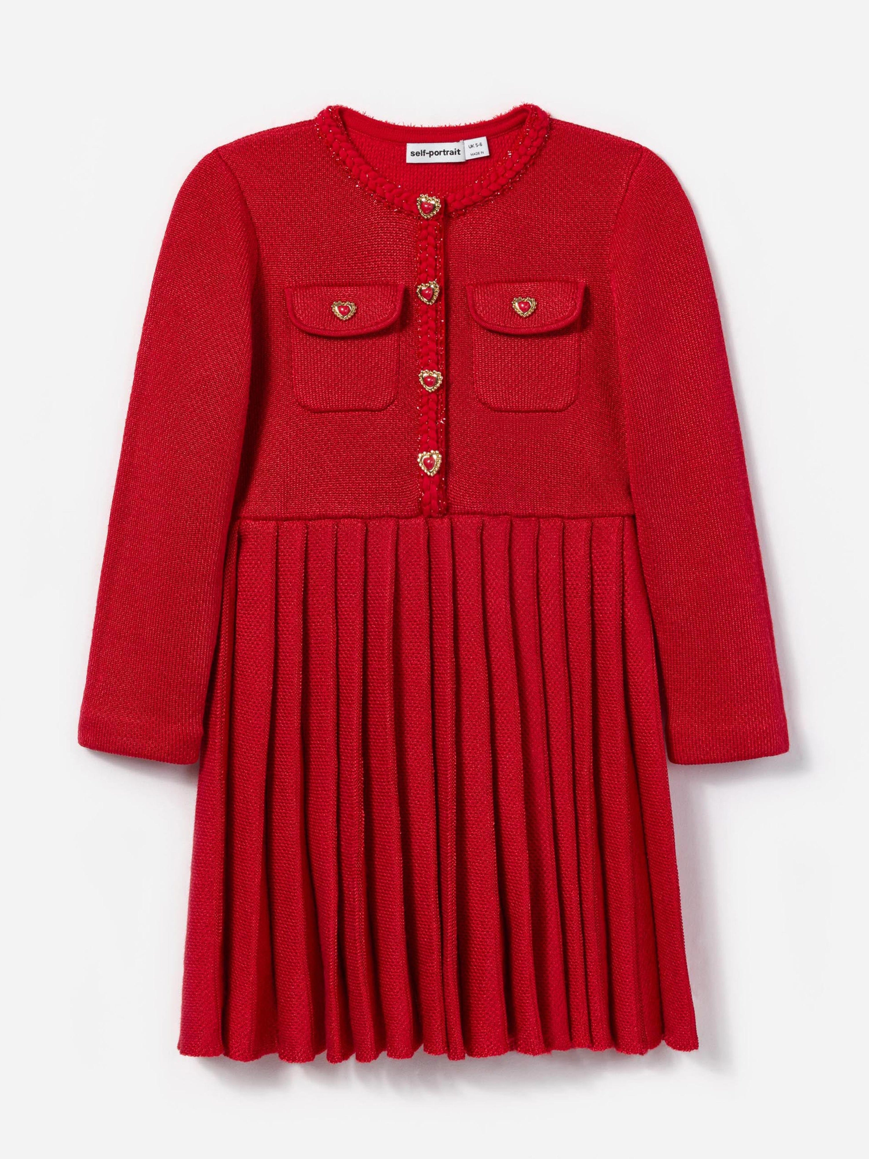 Self Portrait Girls Knitted Pleat Dress in Red