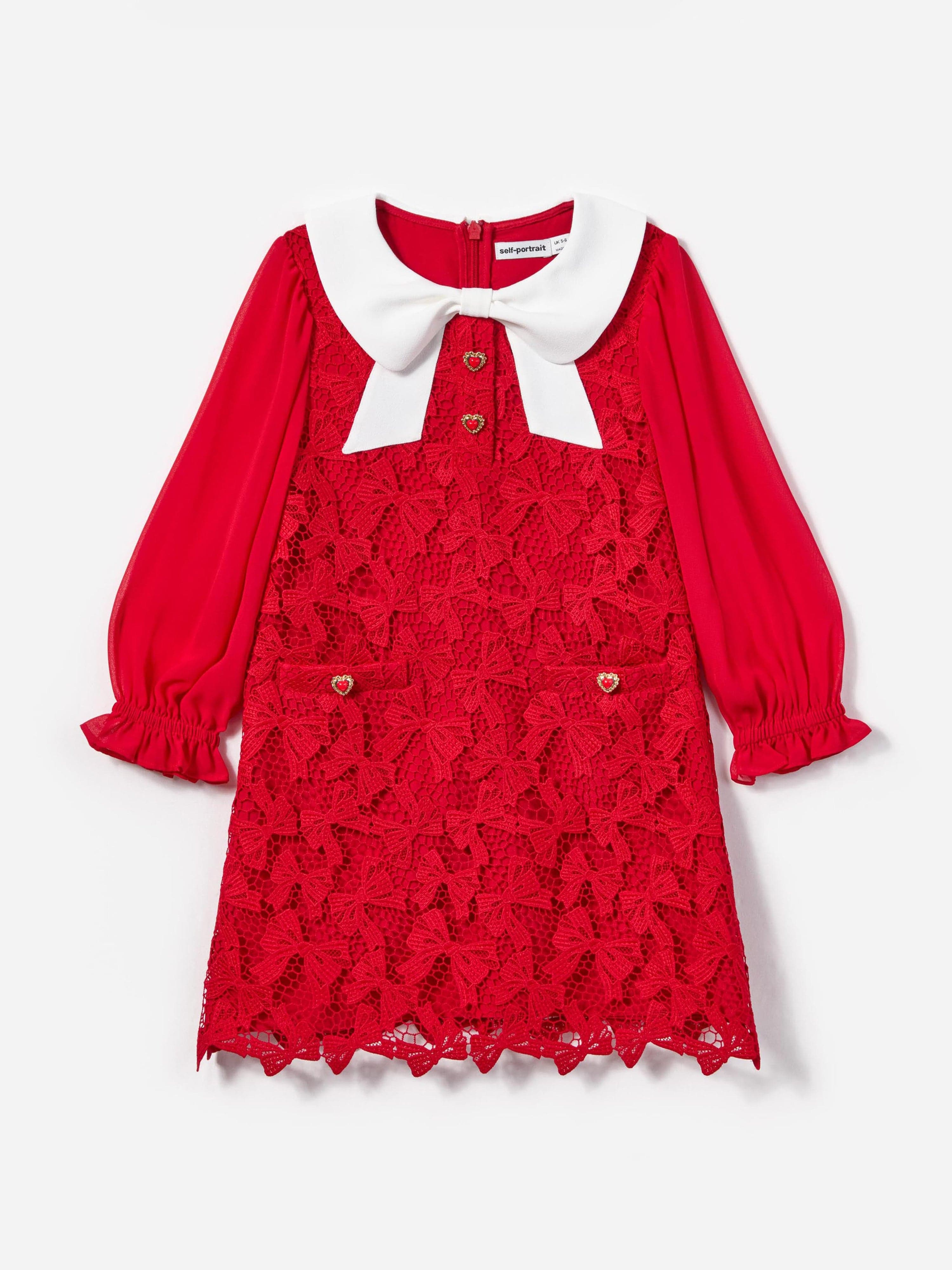 Self Portrait Girls Bow Lace Dress in Red Self Portrait Girls Bow Lace Dress in Red